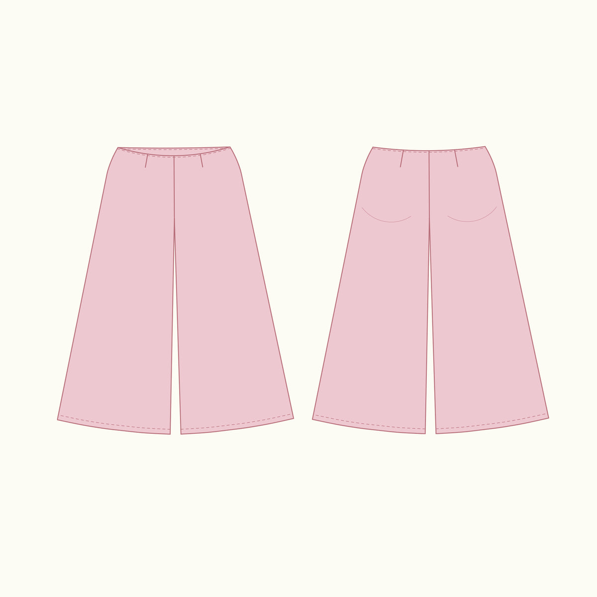 A flat line-art illustration showing the front and back views of a pair of wide-leg pink pants on a light cream background.