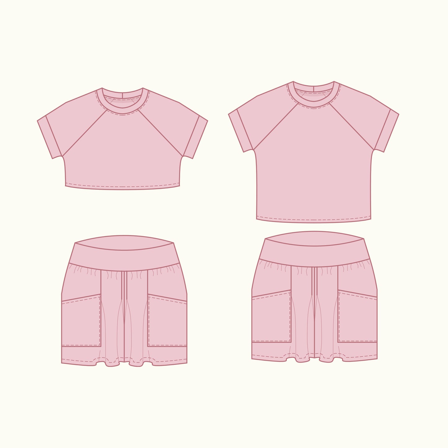 Willow Bloom Set – Crop Top and Regular Length Options – Pleated Shorts – Sewing Pattern Flat Sketches