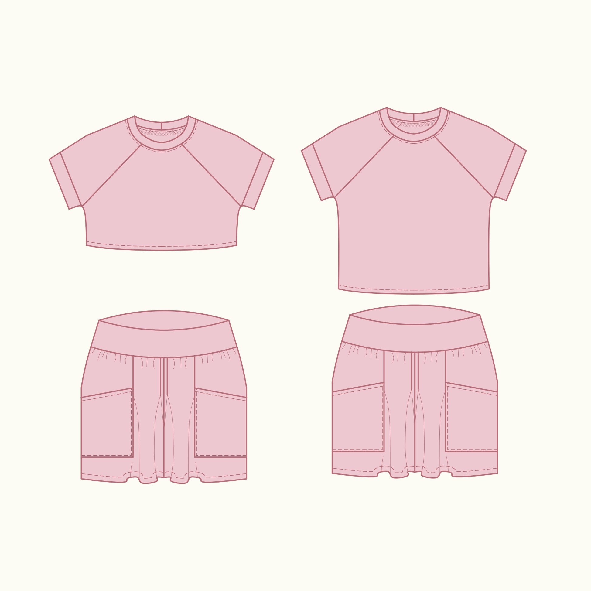 Willow Bloom Set – Crop Top and Regular Length Options – Pleated Shorts – Sewing Pattern Flat Sketches