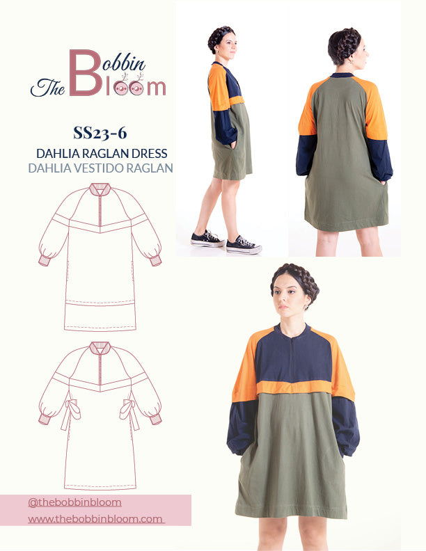 Dahlia raglan dress pattern booklet with technical illustrations and step-by-step instructions from The Bobbin Bloom