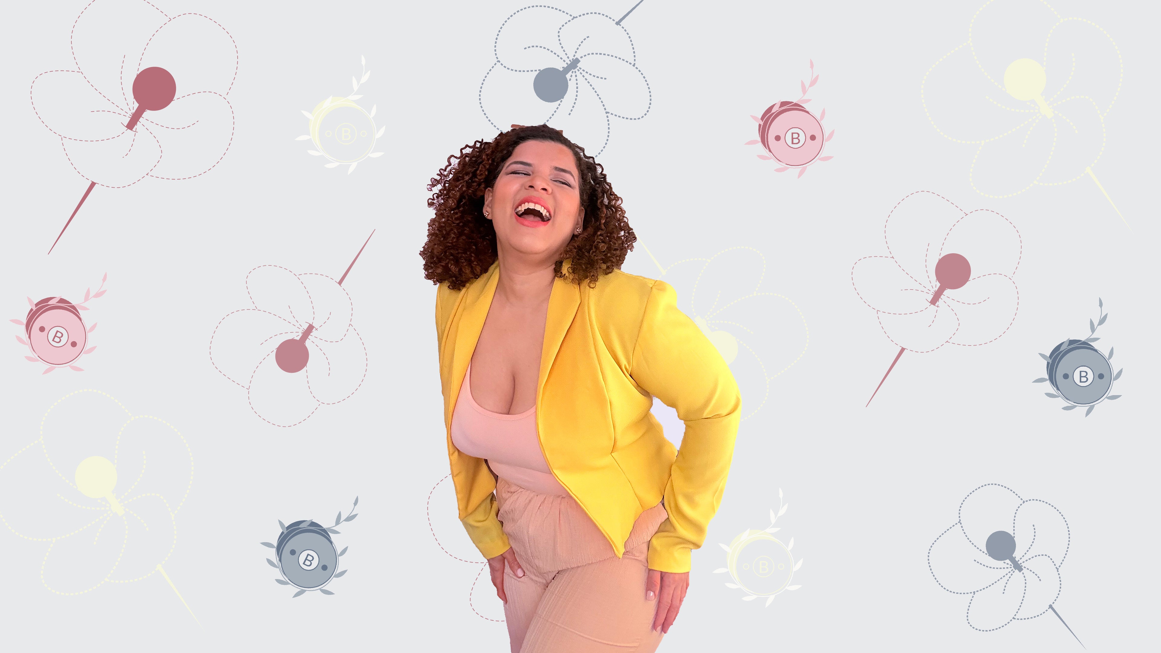 About The Bobbin Bloom - woman wearing yellow Camellia blazer laughing, bloom where you're sewn with easy sewing pattern
