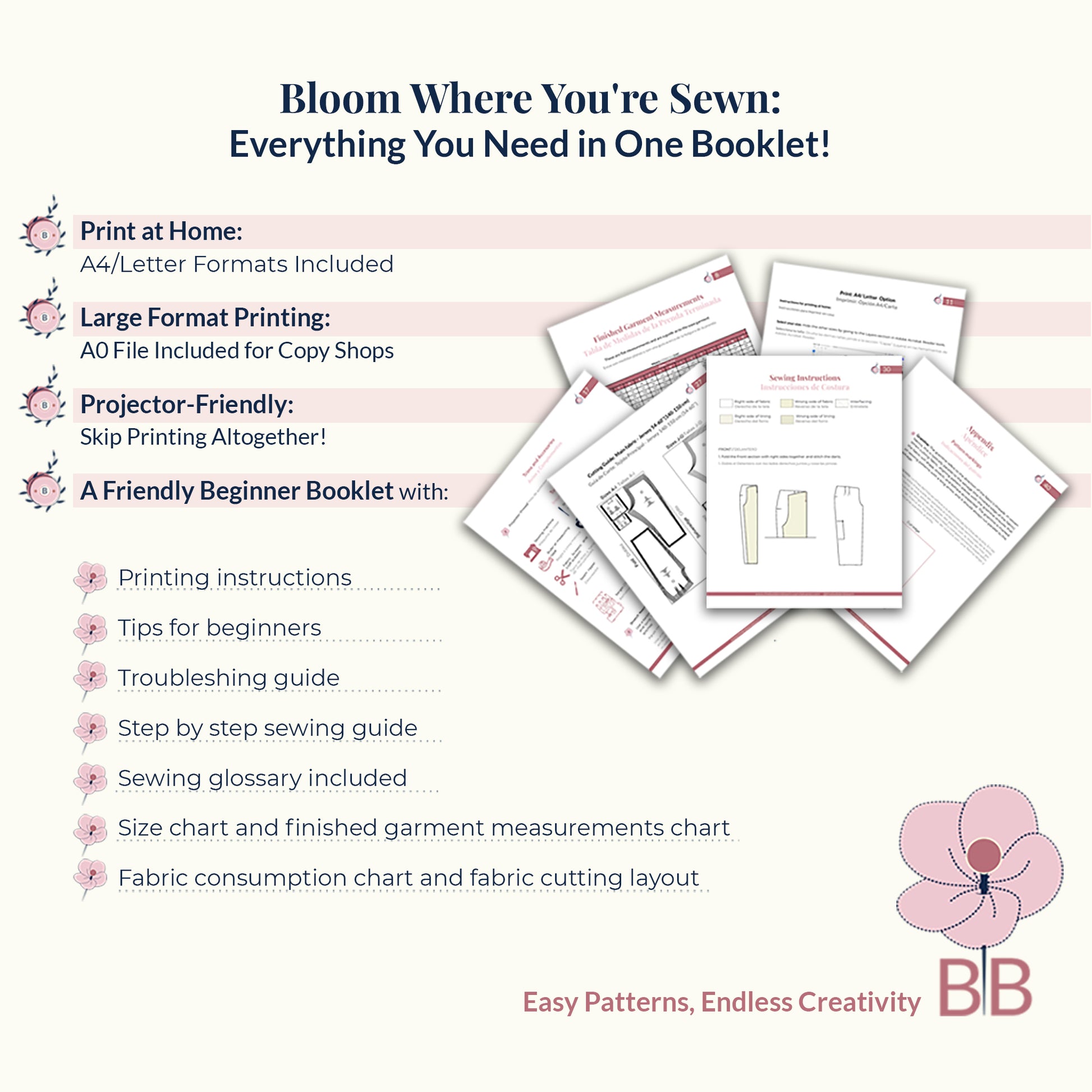 Complete sewing pattern booklet with beginner guide, instructions, and printing options for all formats