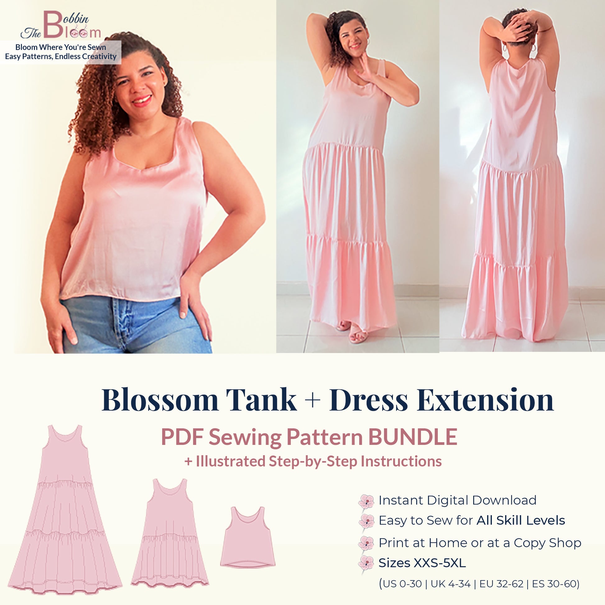 Blossom Tank and Dress Extension bundle sewing pattern details and information