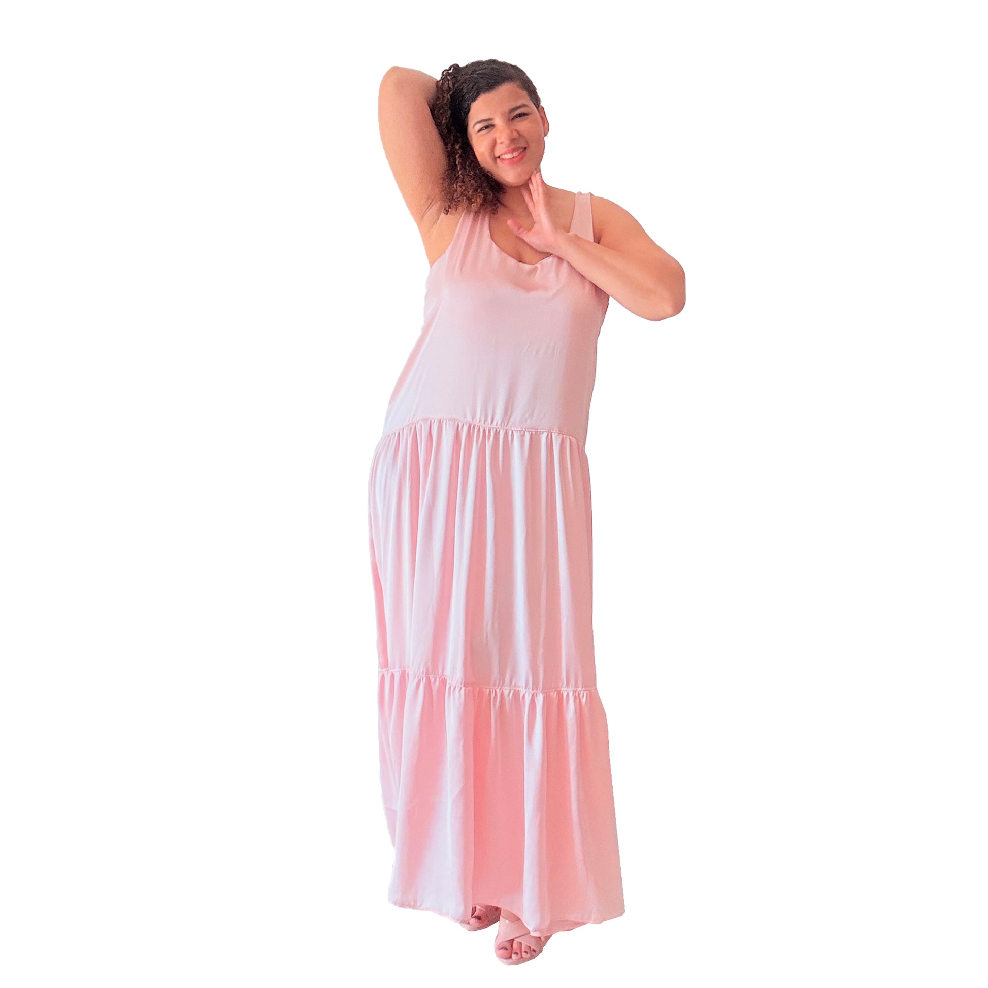 Woman wearing pink Blossom Tank maxi dress - complete bundle sewing pattern by The Bobbin Bloom