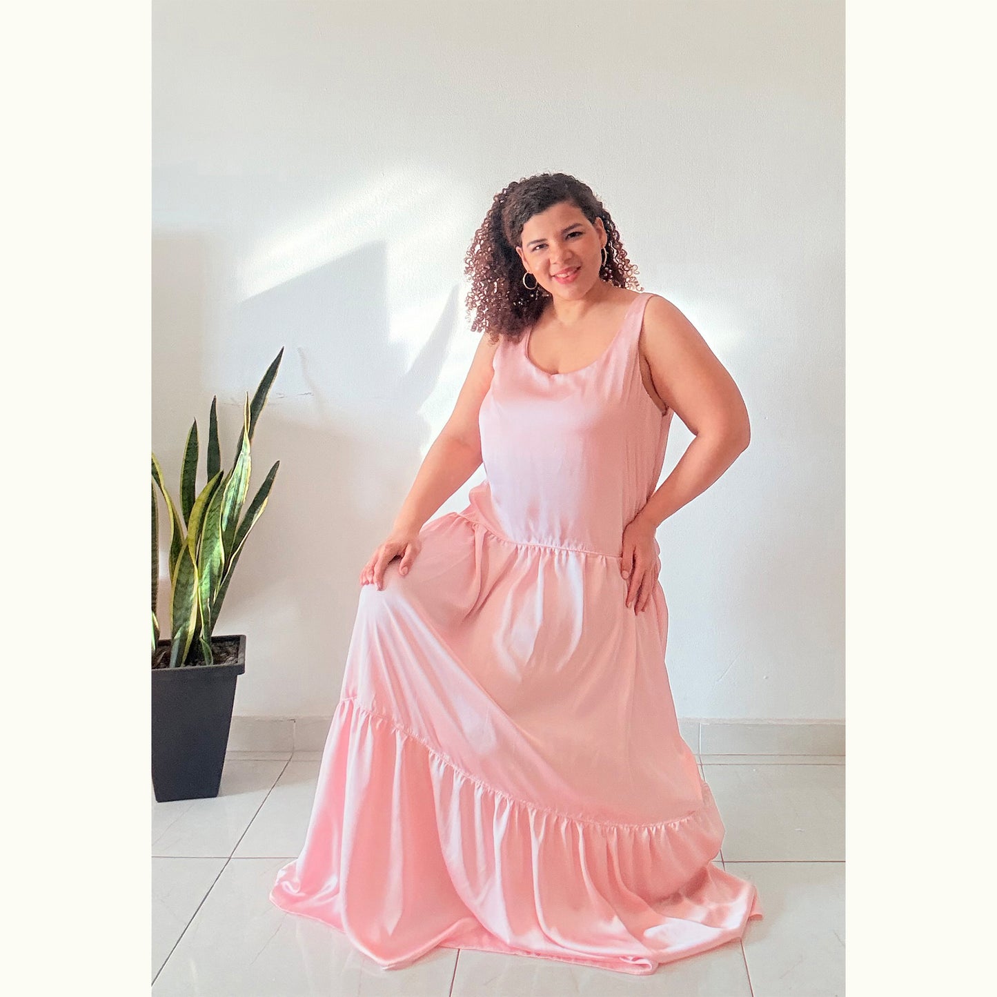 Side view of pink Blossom Tank maxi dress - bundle sewing pattern style inspiration