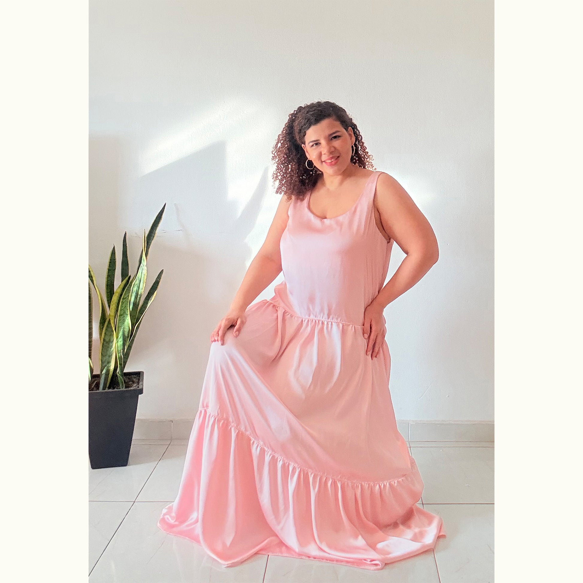 Side view of pink Blossom Tank maxi dress - bundle sewing pattern style inspiration