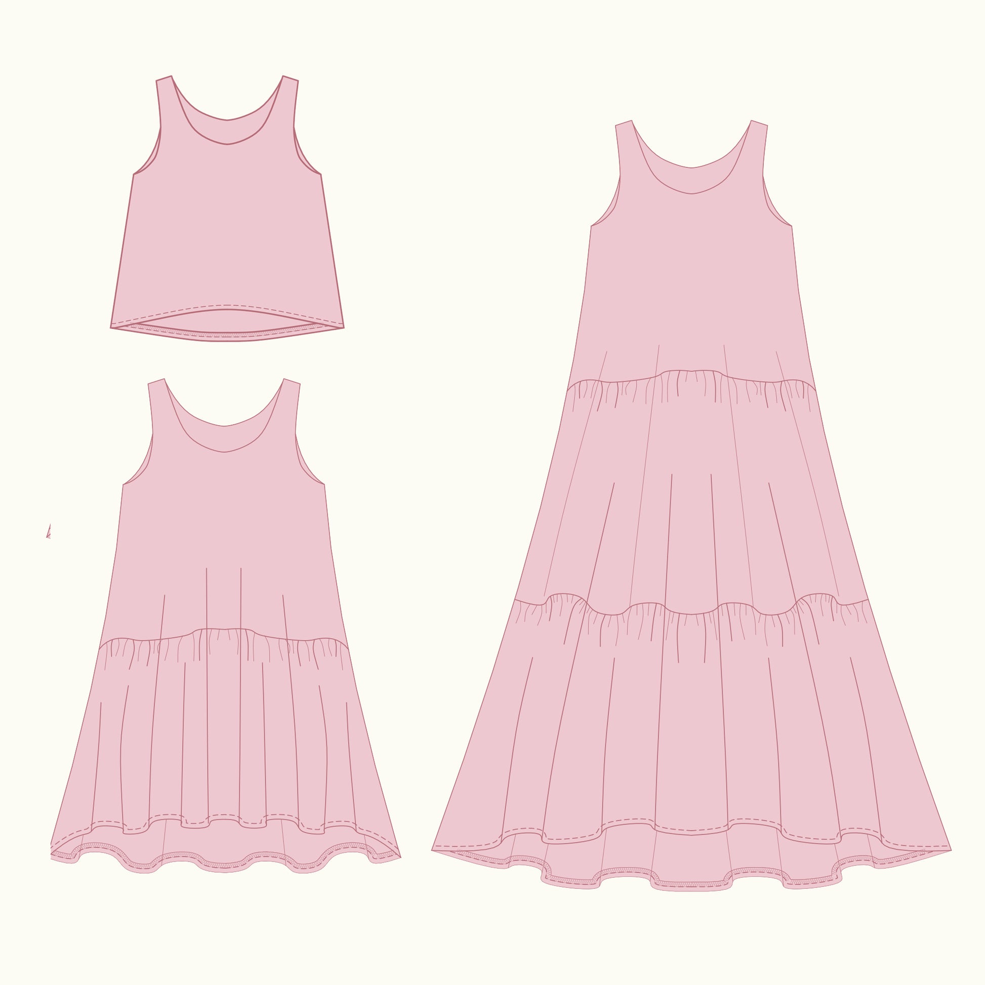 Blossom Tank and Dress Extension bundle technical illustration - tank top and dress flat sketches