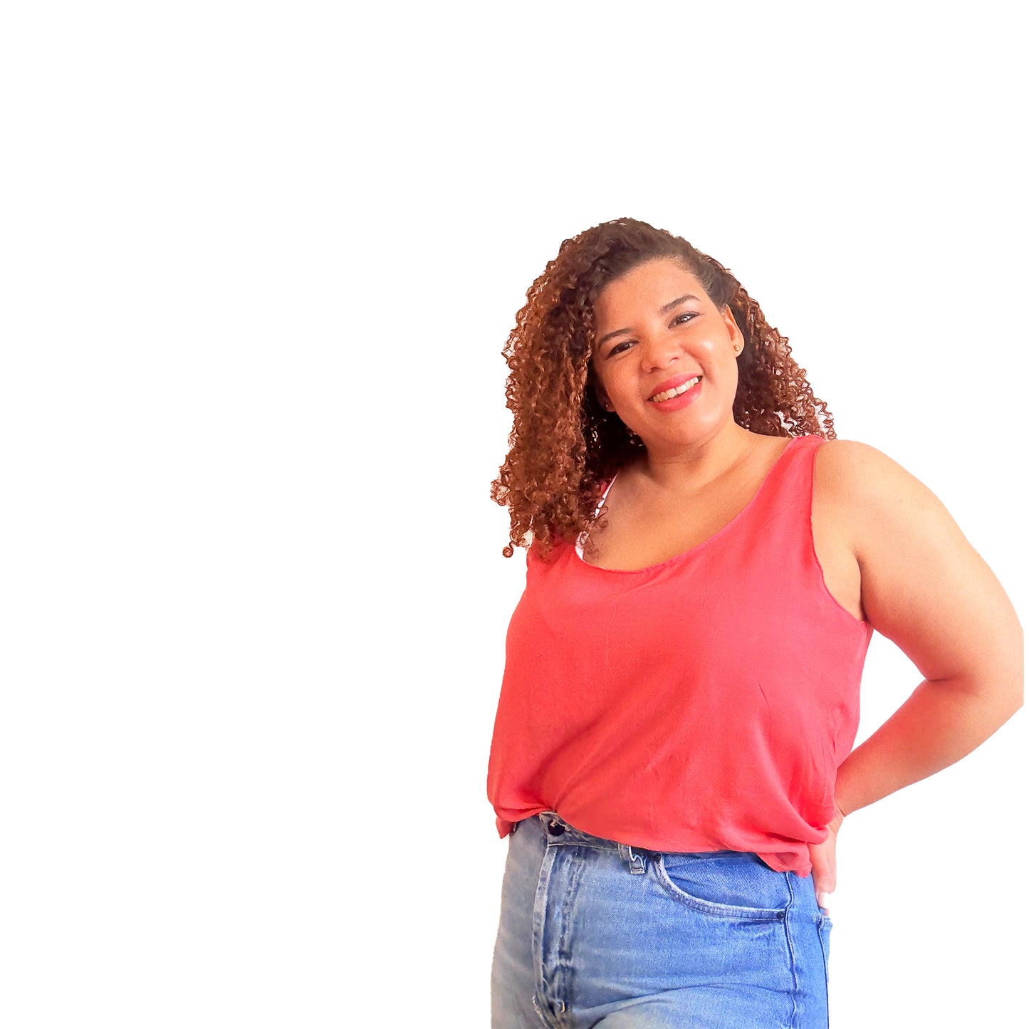 Woman wearing coral Blossom Tank top - sewing pattern style inspiration