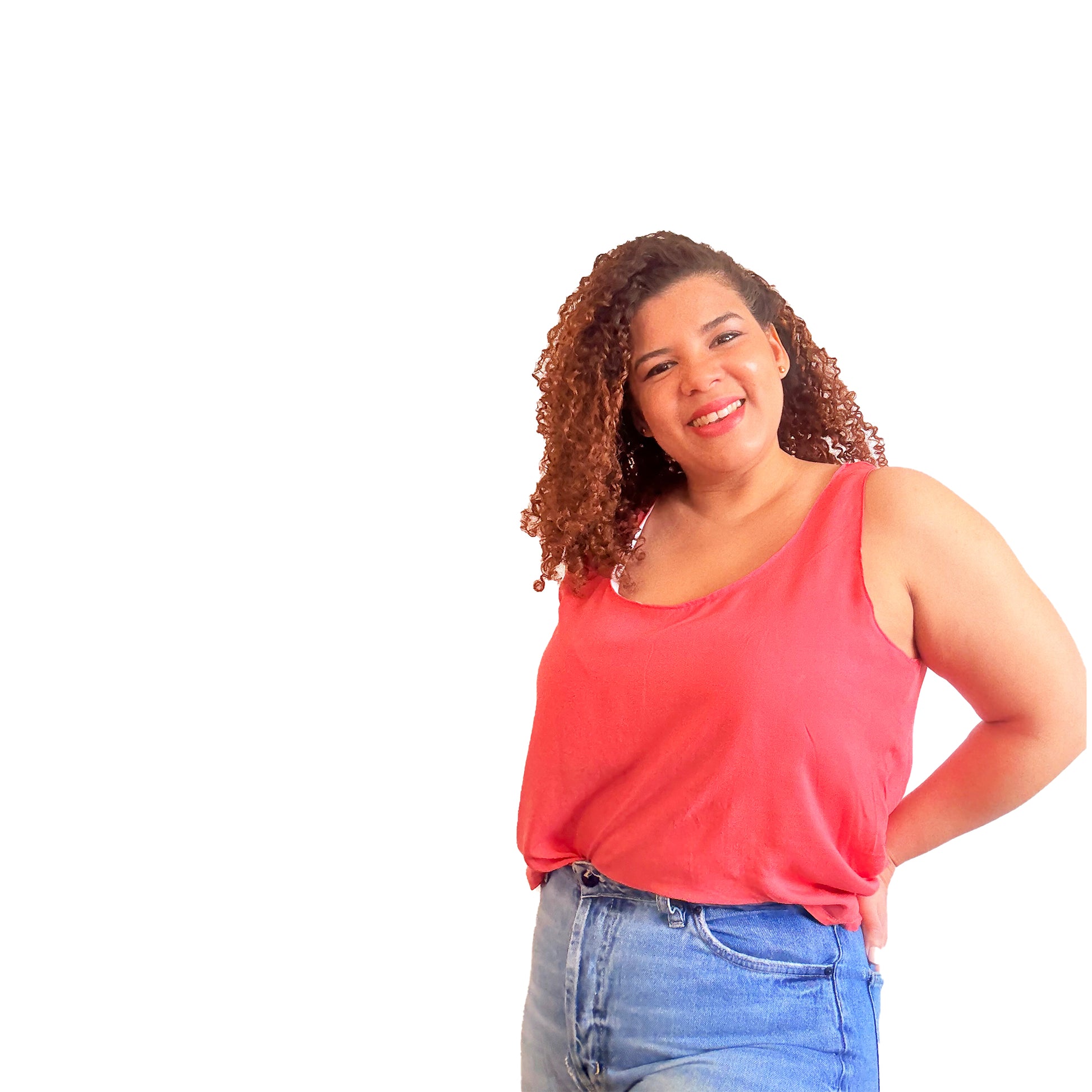 Woman wearing coral Blossom Tank top - sewing pattern style inspiration