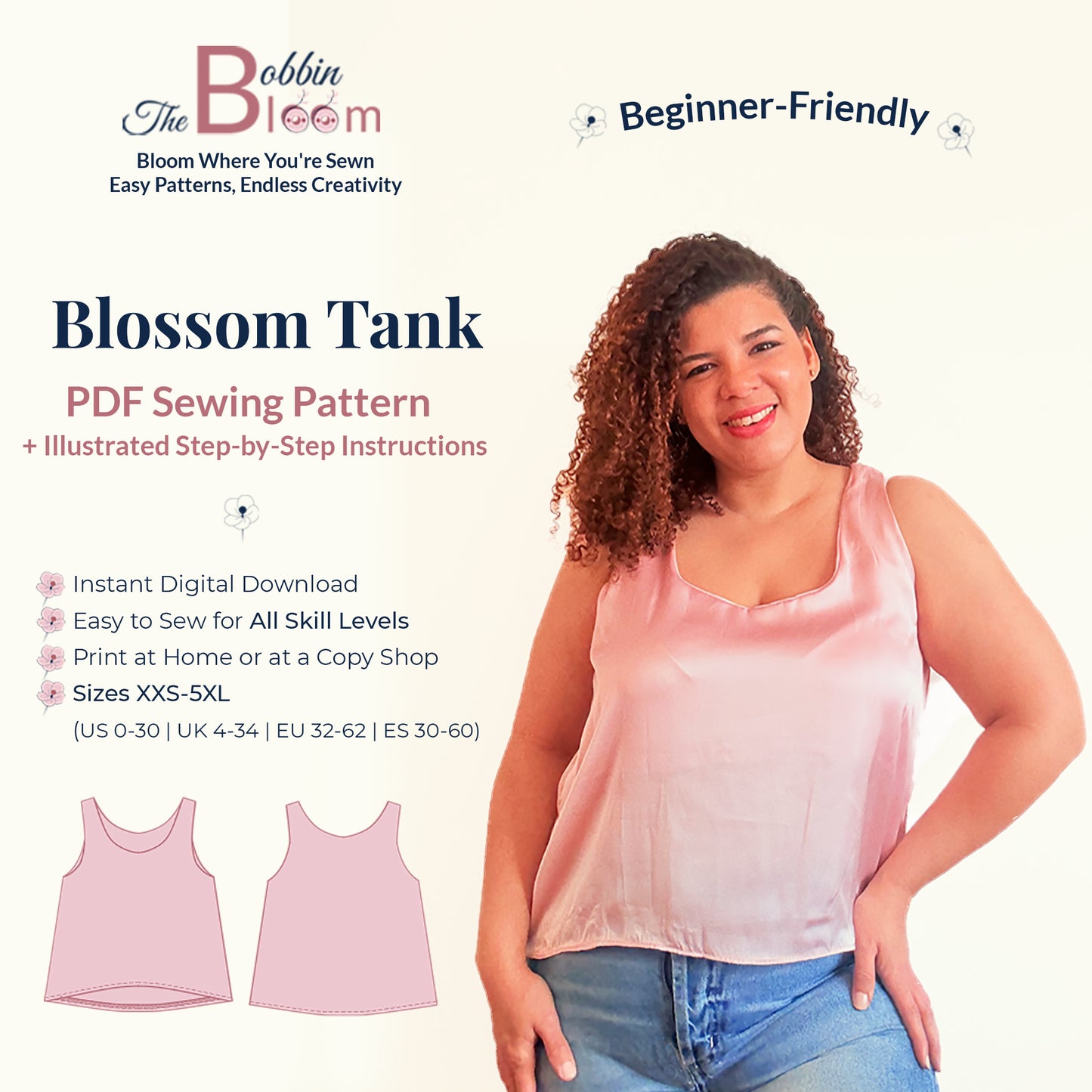 Blossom Tank sewing pattern details and information card