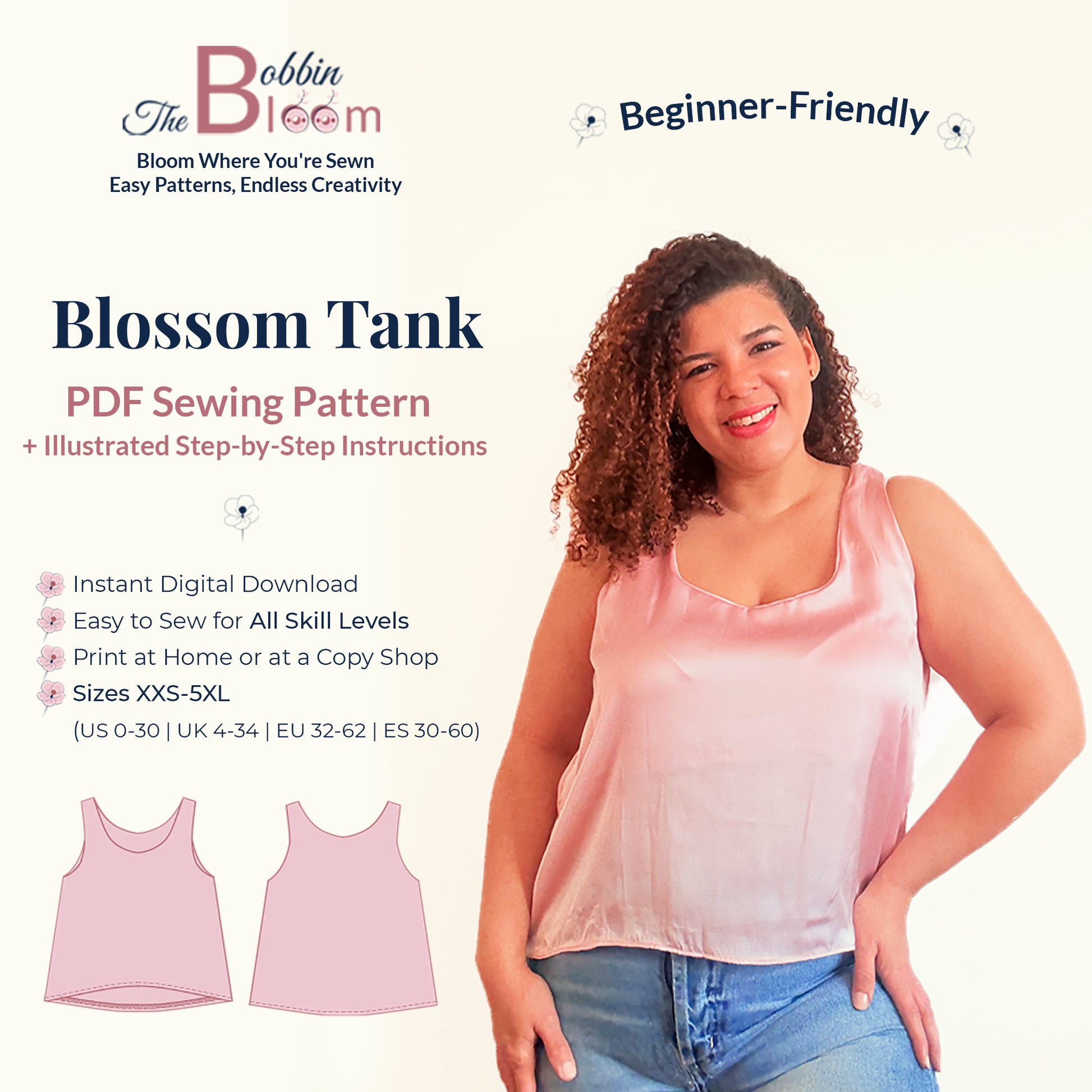 Blossom Tank sewing pattern details and information card