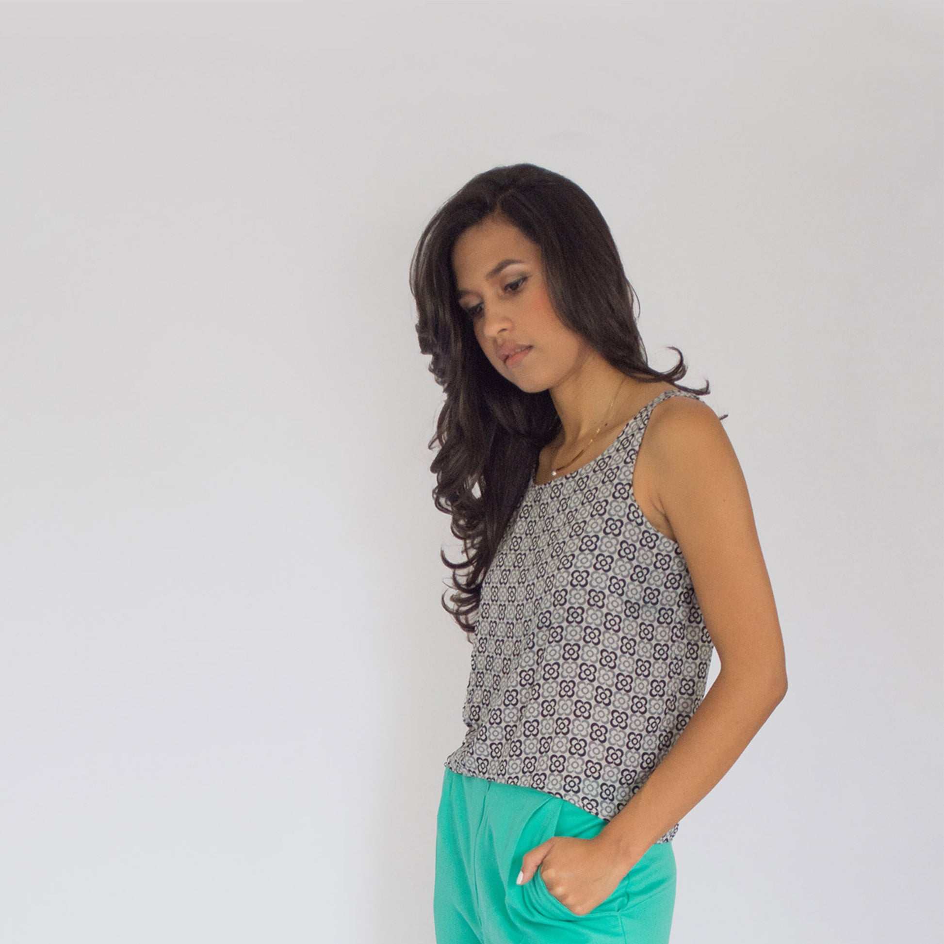 Grey Blossom Tank top styled with green shorts - casual outfit idea