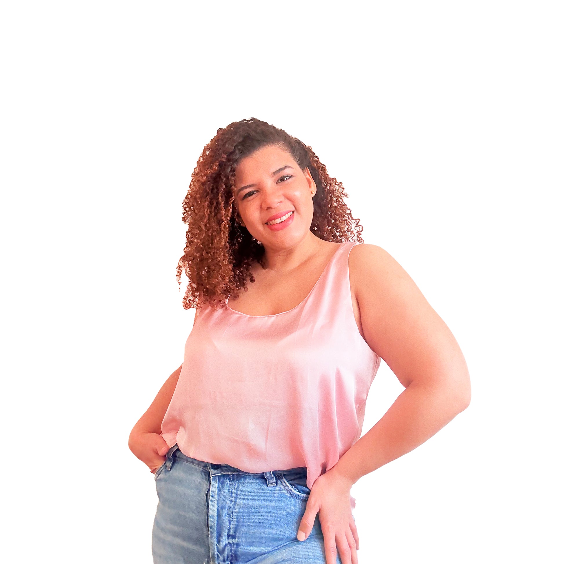 Woman wearing pink Blossom Tank top with jeans - sewing pattern by The Bobbin Bloom