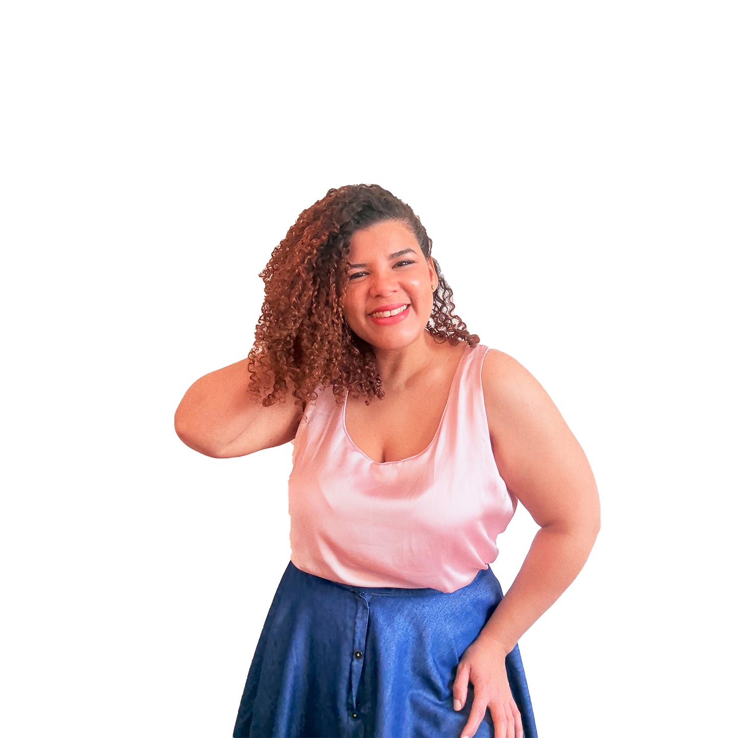 Pink Blossom Tank top styled with blue skirt - dressy outfit inspiration