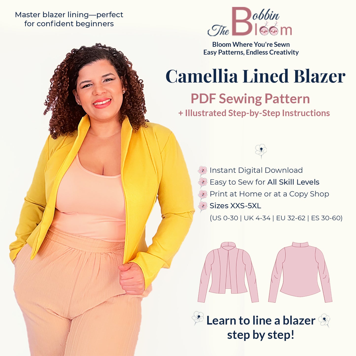 Camellia lined blazer sewing pattern details and information card