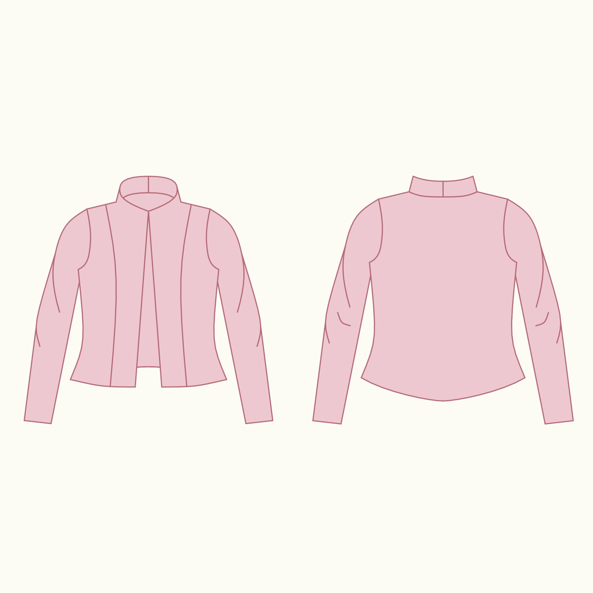 Camellia lined blazer technical illustration and flat sketches - front and back view