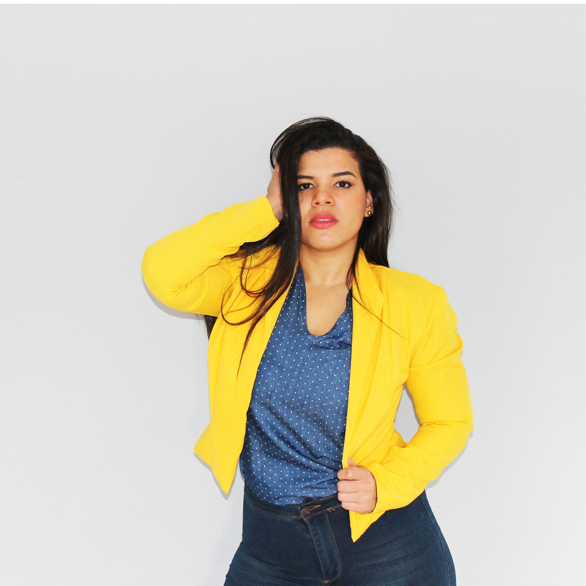 Yellow Camellia lined blazer styled with blue top - casual outfit inspiration