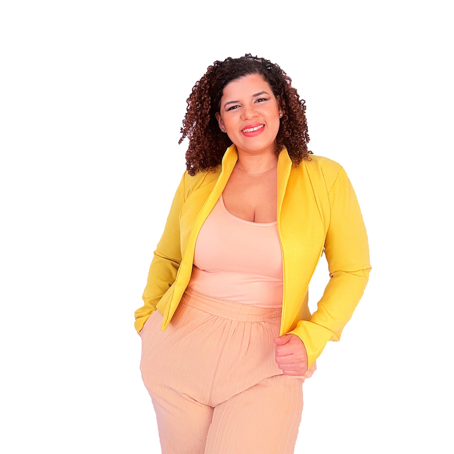 Woman wearing yellow Camellia lined blazer - sewing pattern by The Bobbin Bloom
