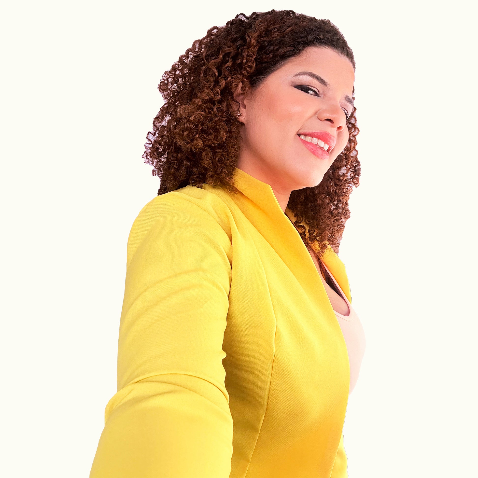 Side view of yellow Camellia lined blazer showing professional fit