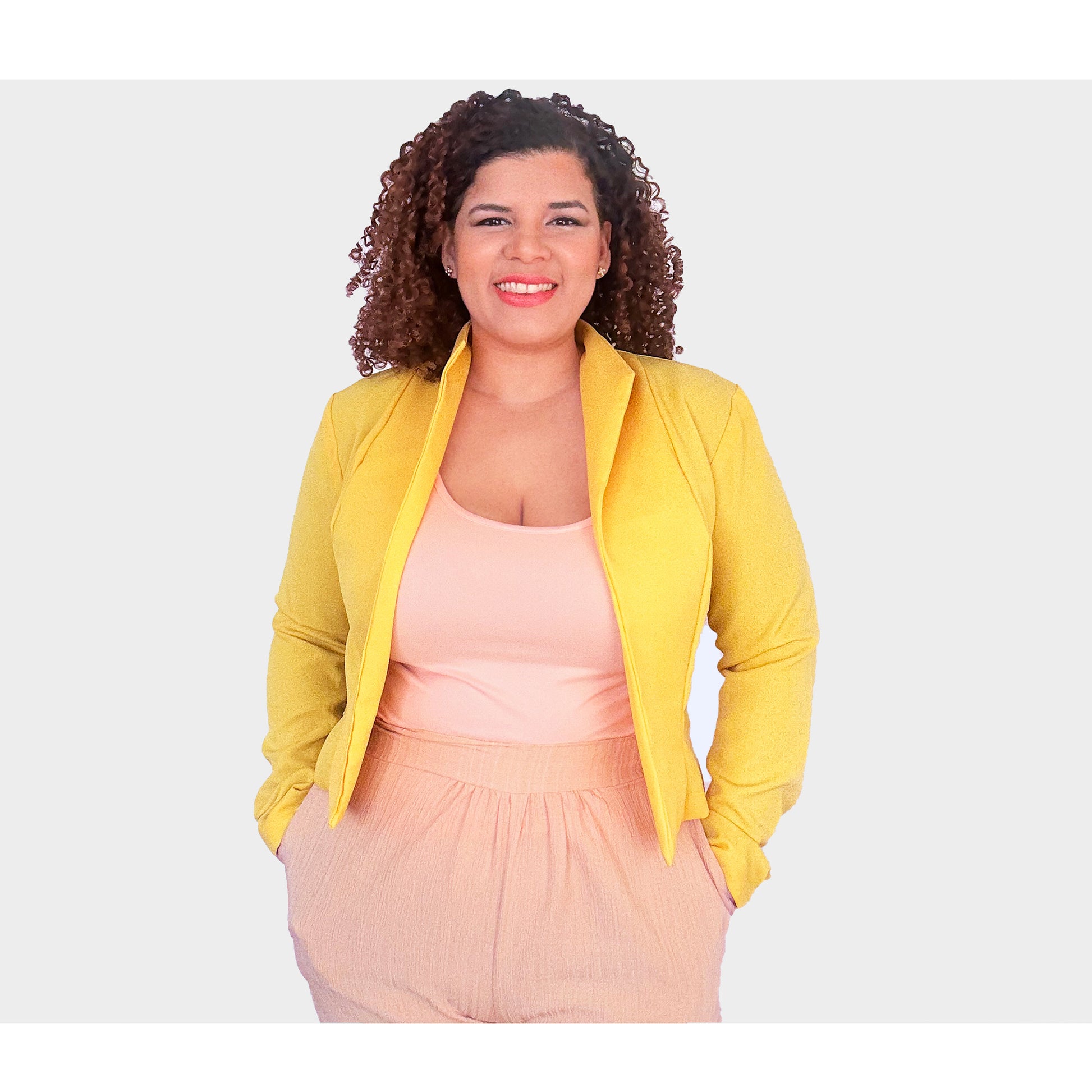 Yellow Camellia lined blazer front view styled look - professional outfit idea