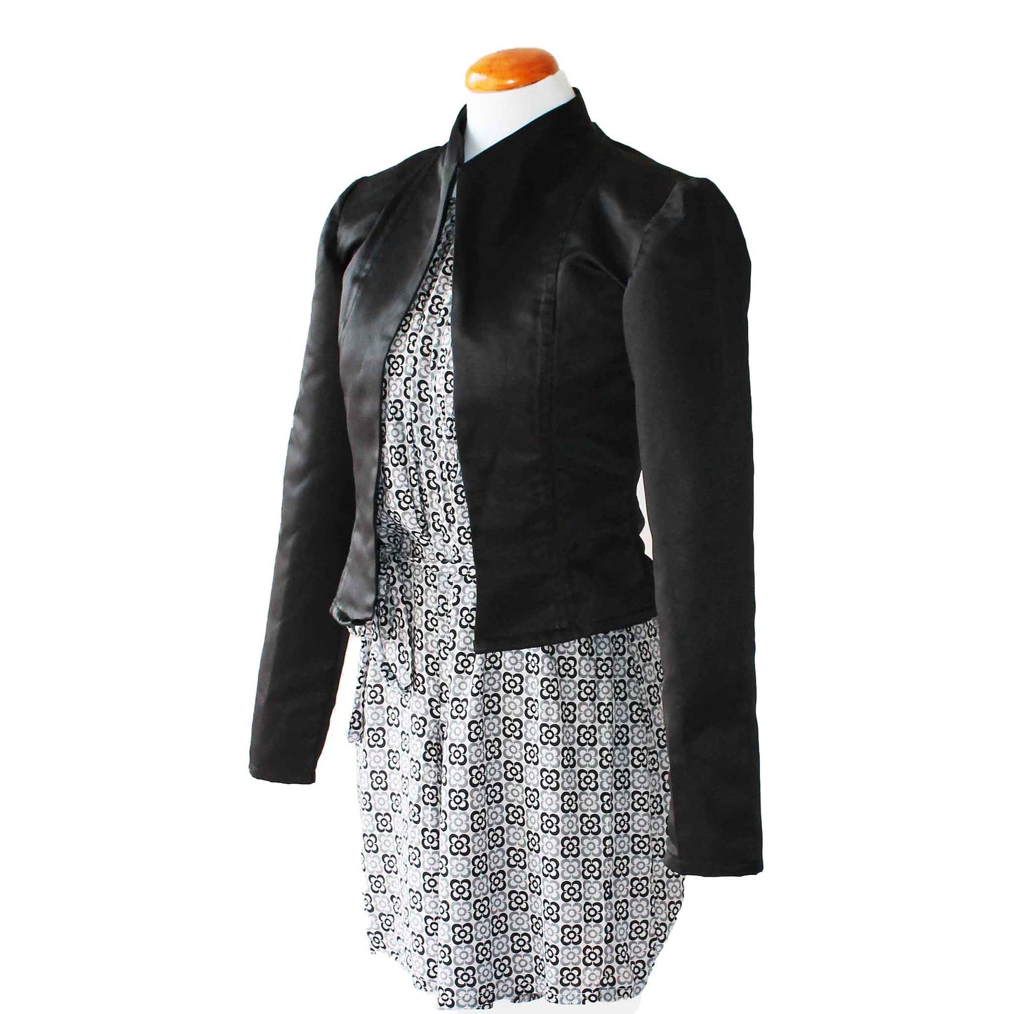 Black Camellia unlined jacket layered over patterned dress - dressy styling option