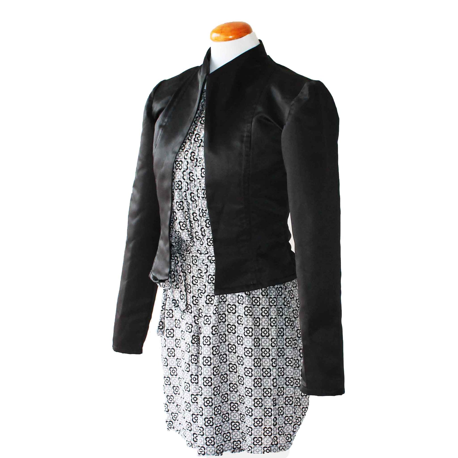 Black Camellia unlined jacket layered over patterned dress - dressy styling option
