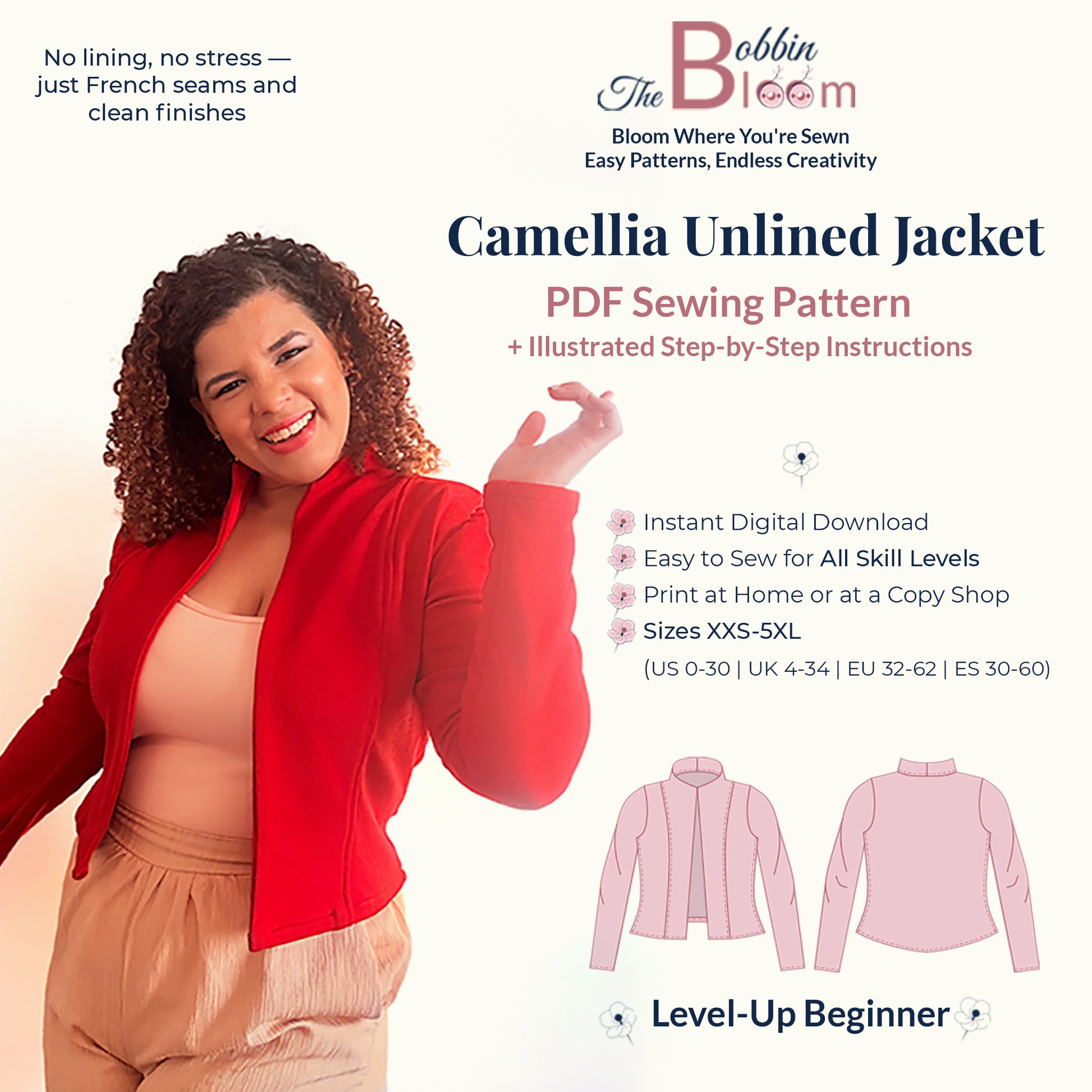 Camellia unlined jacket sewing pattern details and information card