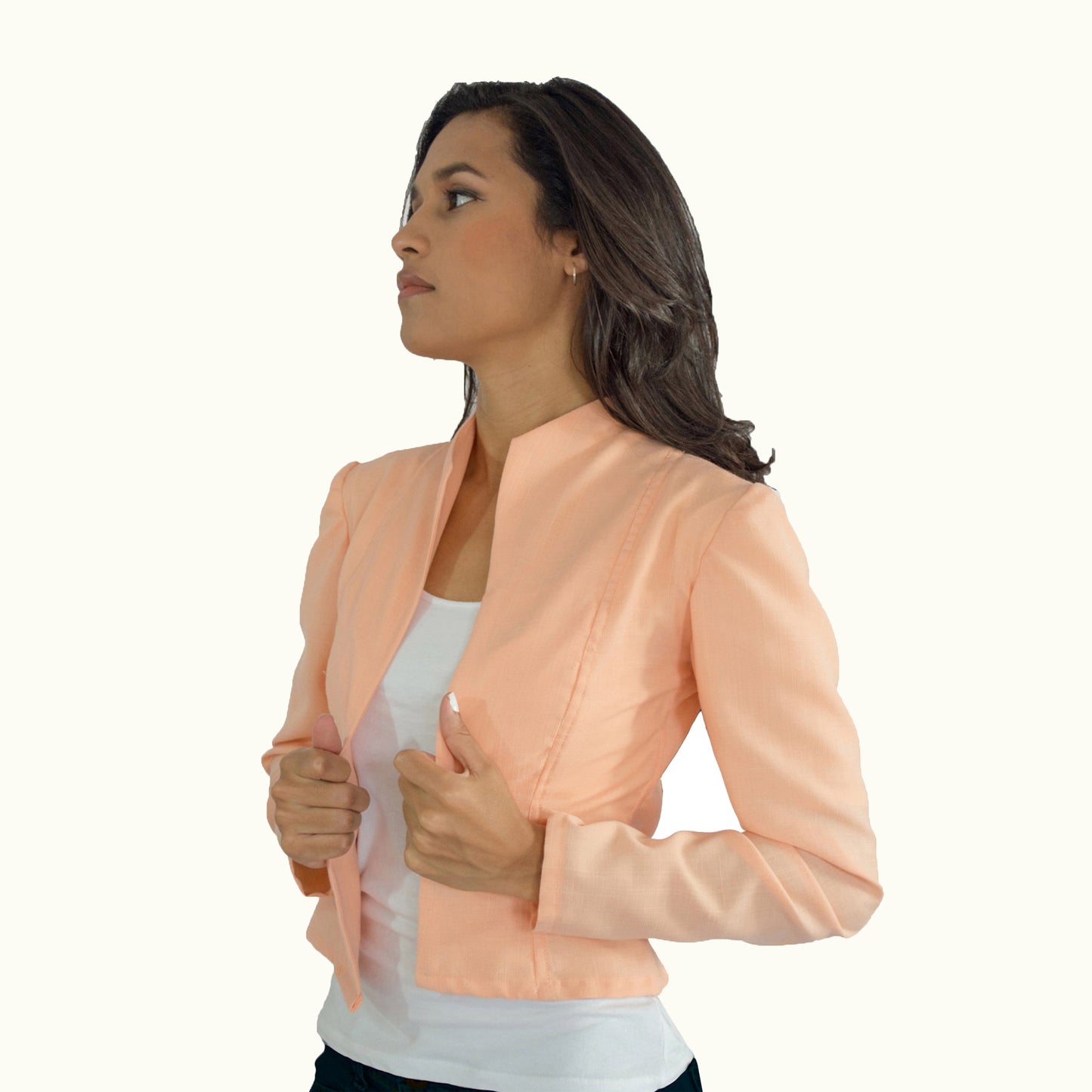 Peach Camellia unlined jacket styled with neutral outfit - sewing pattern inspiration