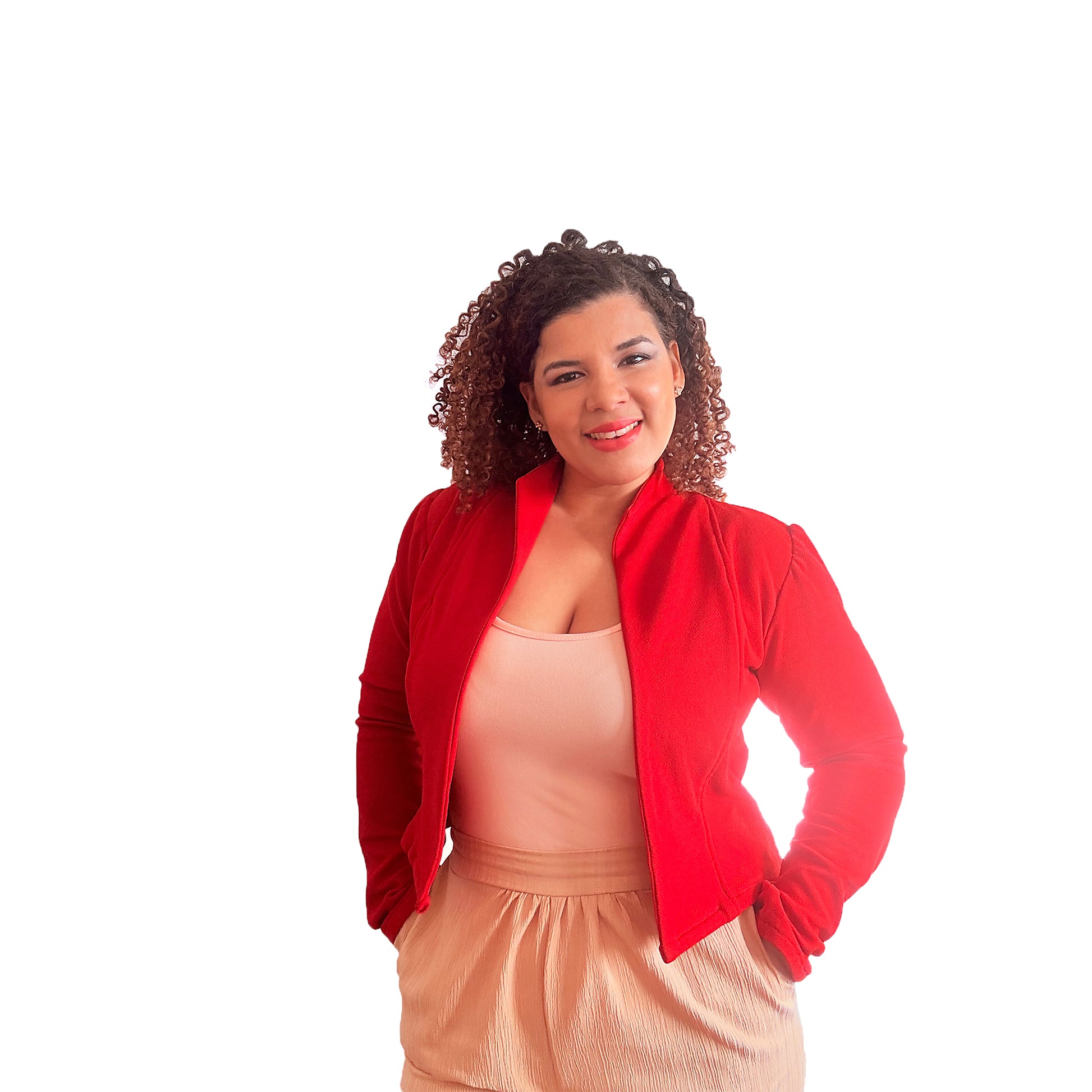 Woman wearing red Camellia unlined jacket - sewing pattern by The Bobbin Bloom