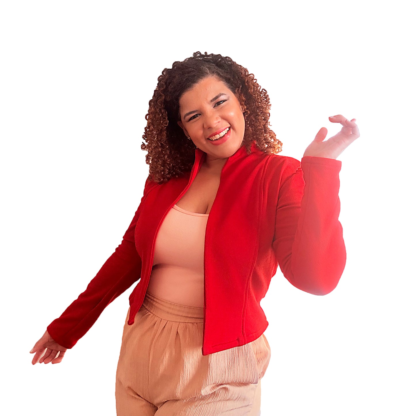 ide view of red Camellia unlined jacket showing sleeve and fit details