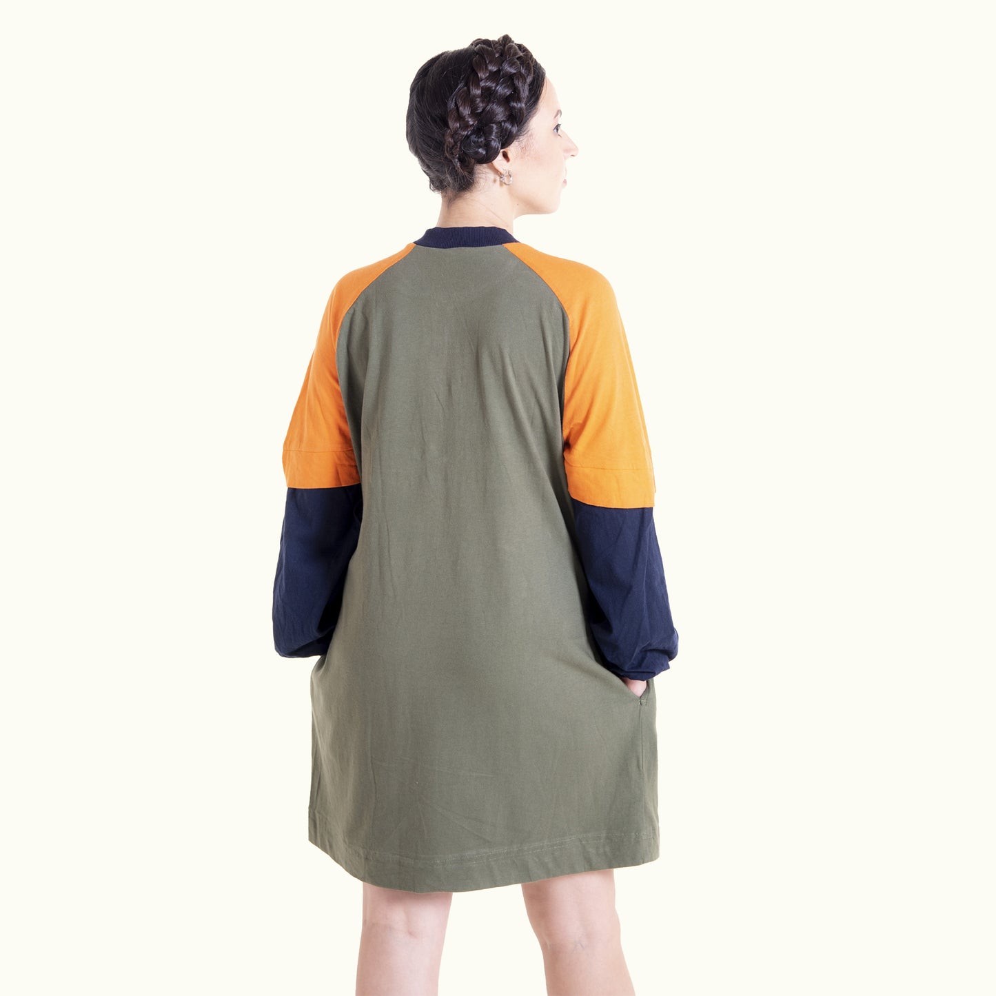 Back view of colorblock Dahlia raglan dress showing raglan sleeve construction