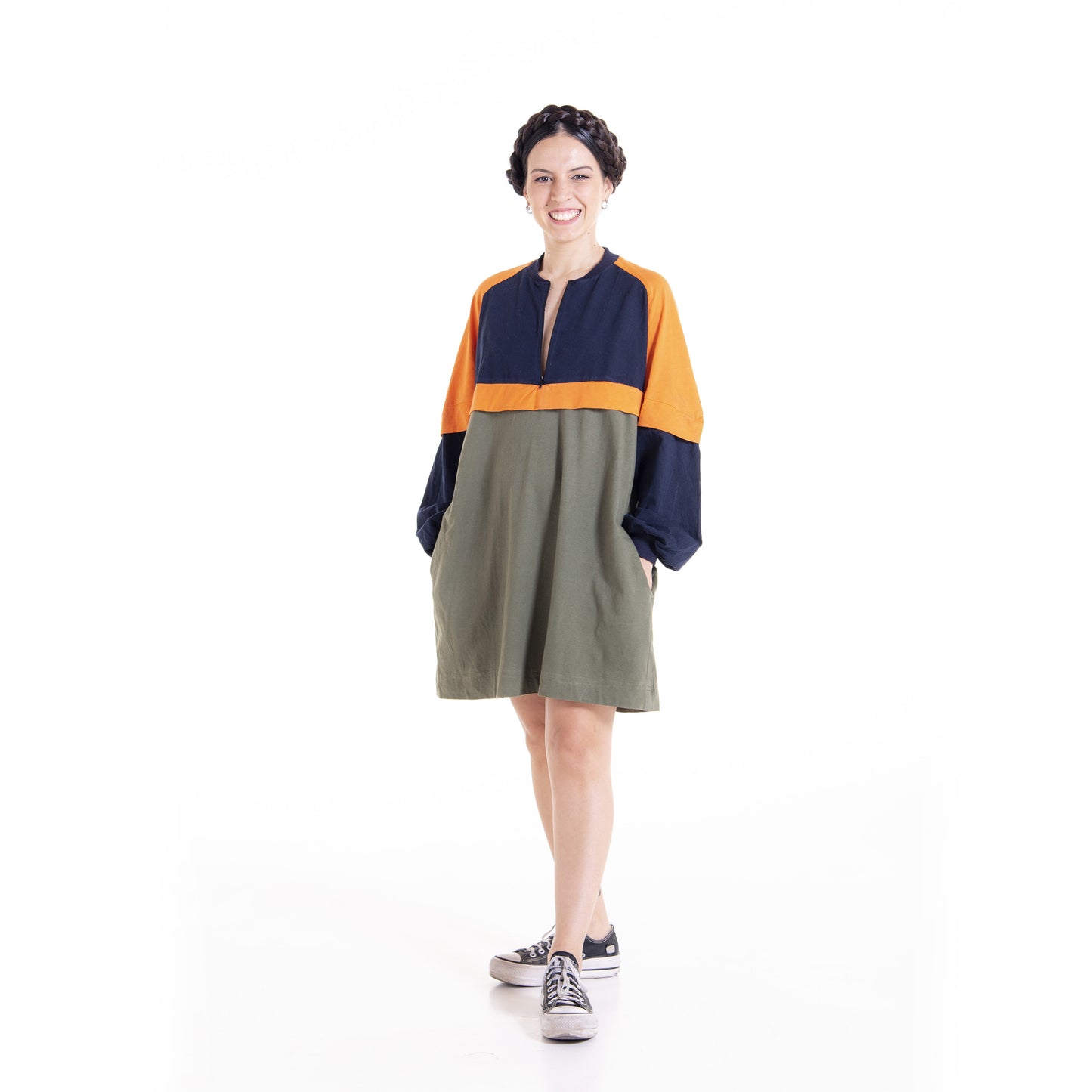 Woman wearing colorblock Dahlia raglan dress - sewing pattern by The Bobbin Bloom