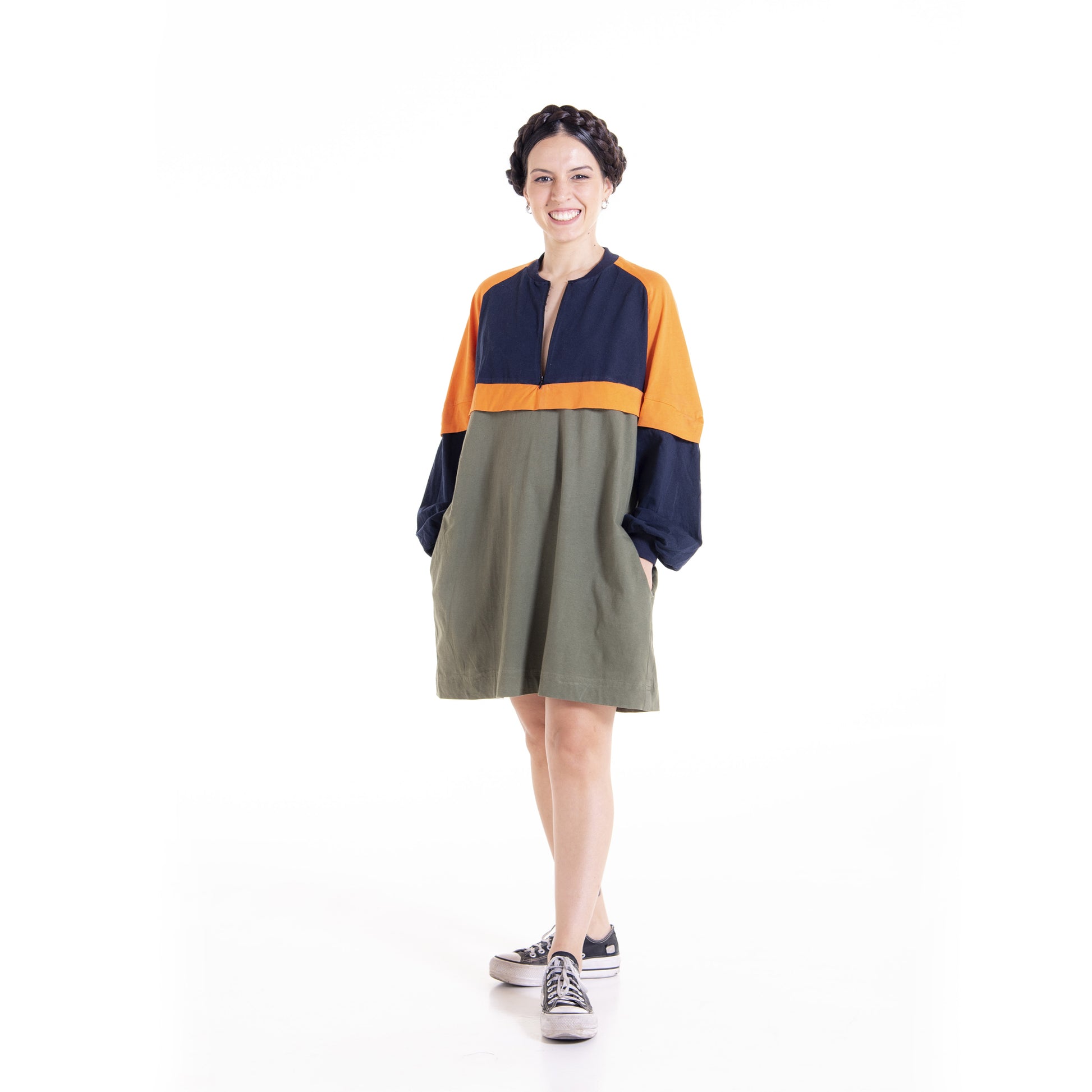 Woman wearing colorblock Dahlia raglan dress - sewing pattern by The Bobbin Bloom