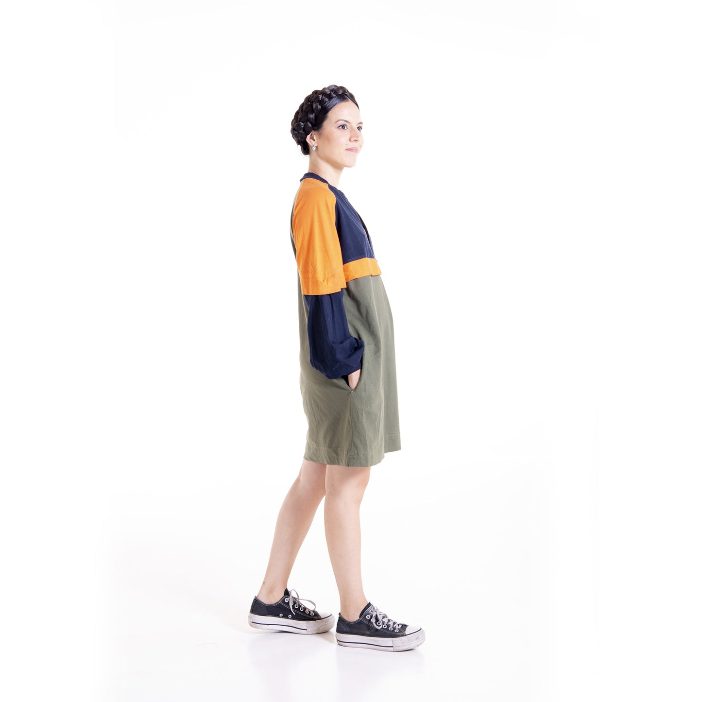 Side view of colorblock Dahlia raglan dress - full length stylin