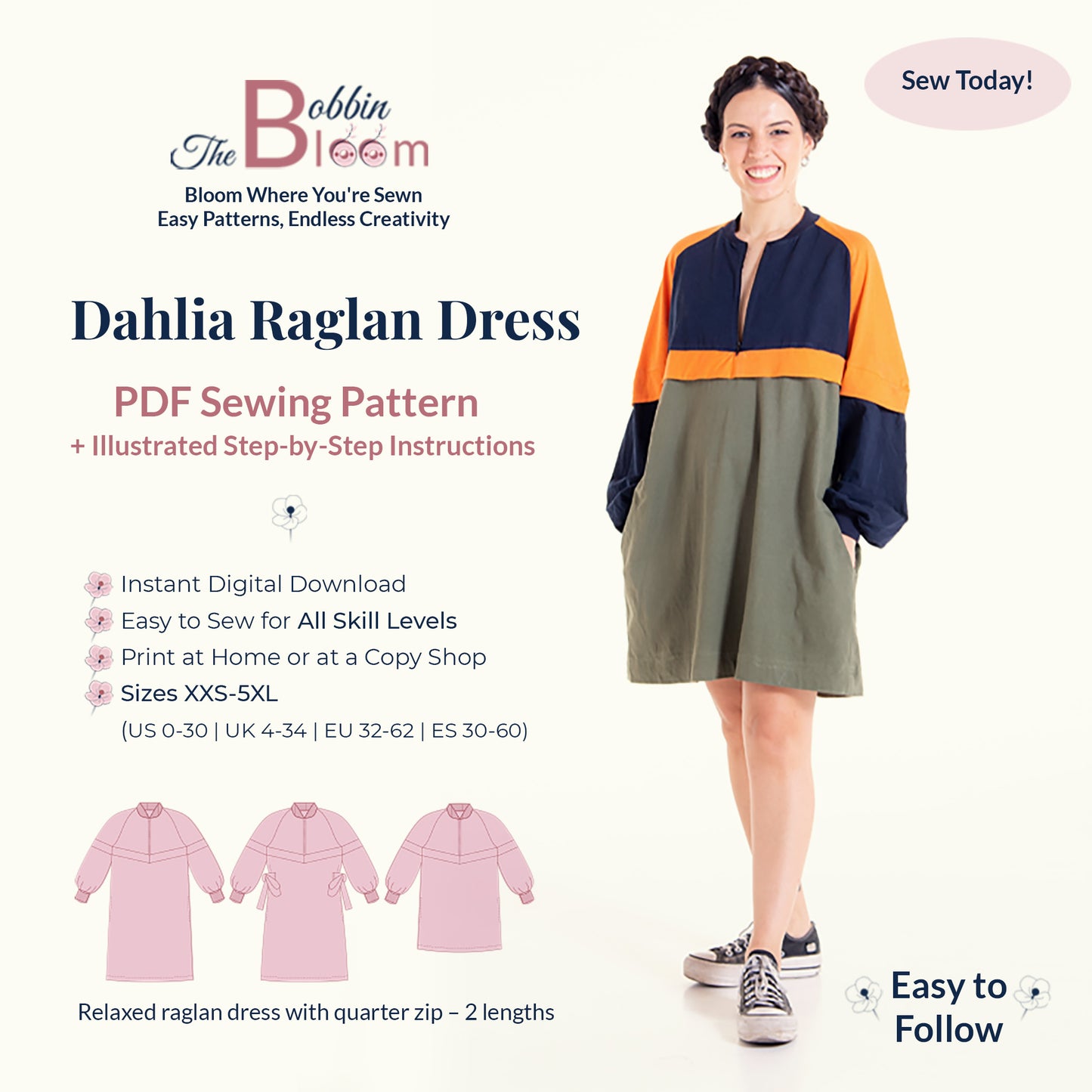 Dahlia raglan dress sewing pattern details and information card