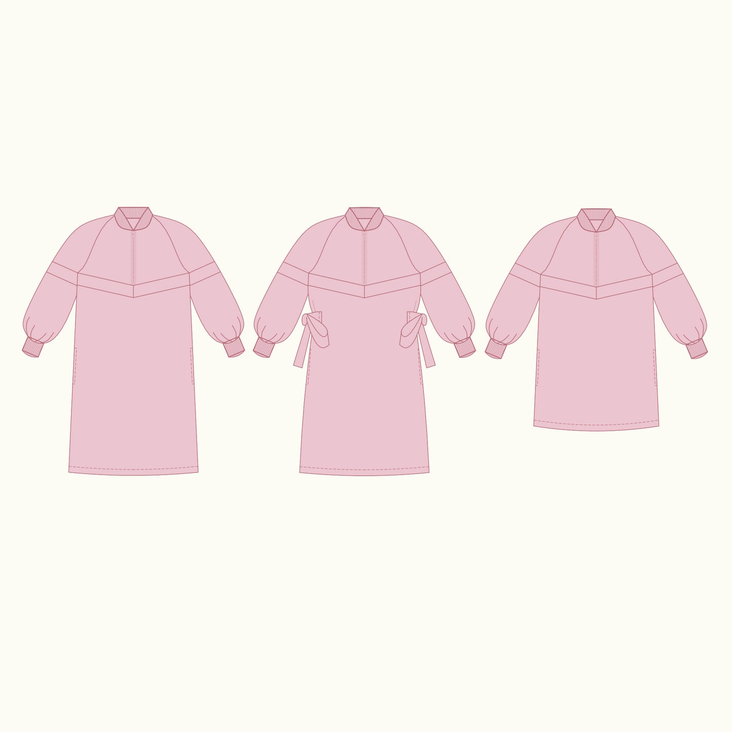 Dahlia raglan dress technical illustration and flat sketches - front, back, and side view