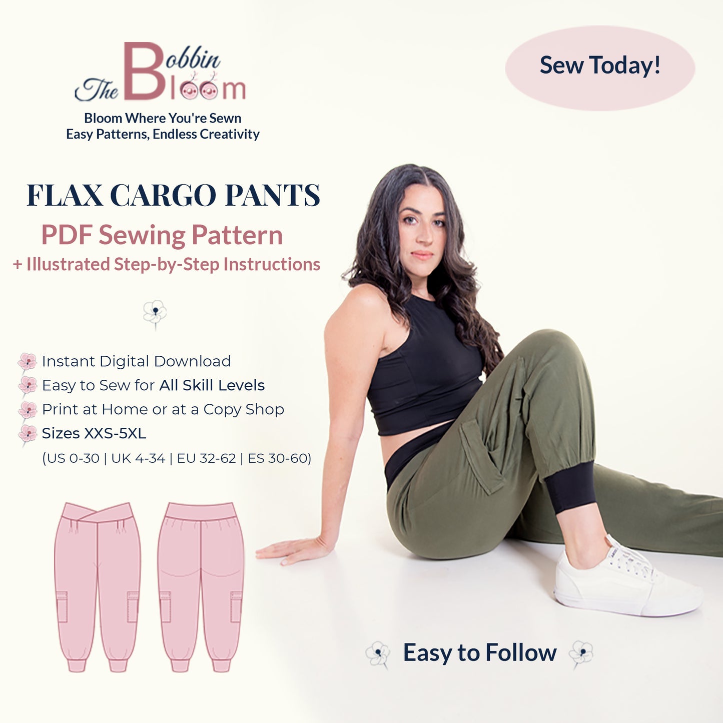 Flax cargo pants sewing pattern details and information car