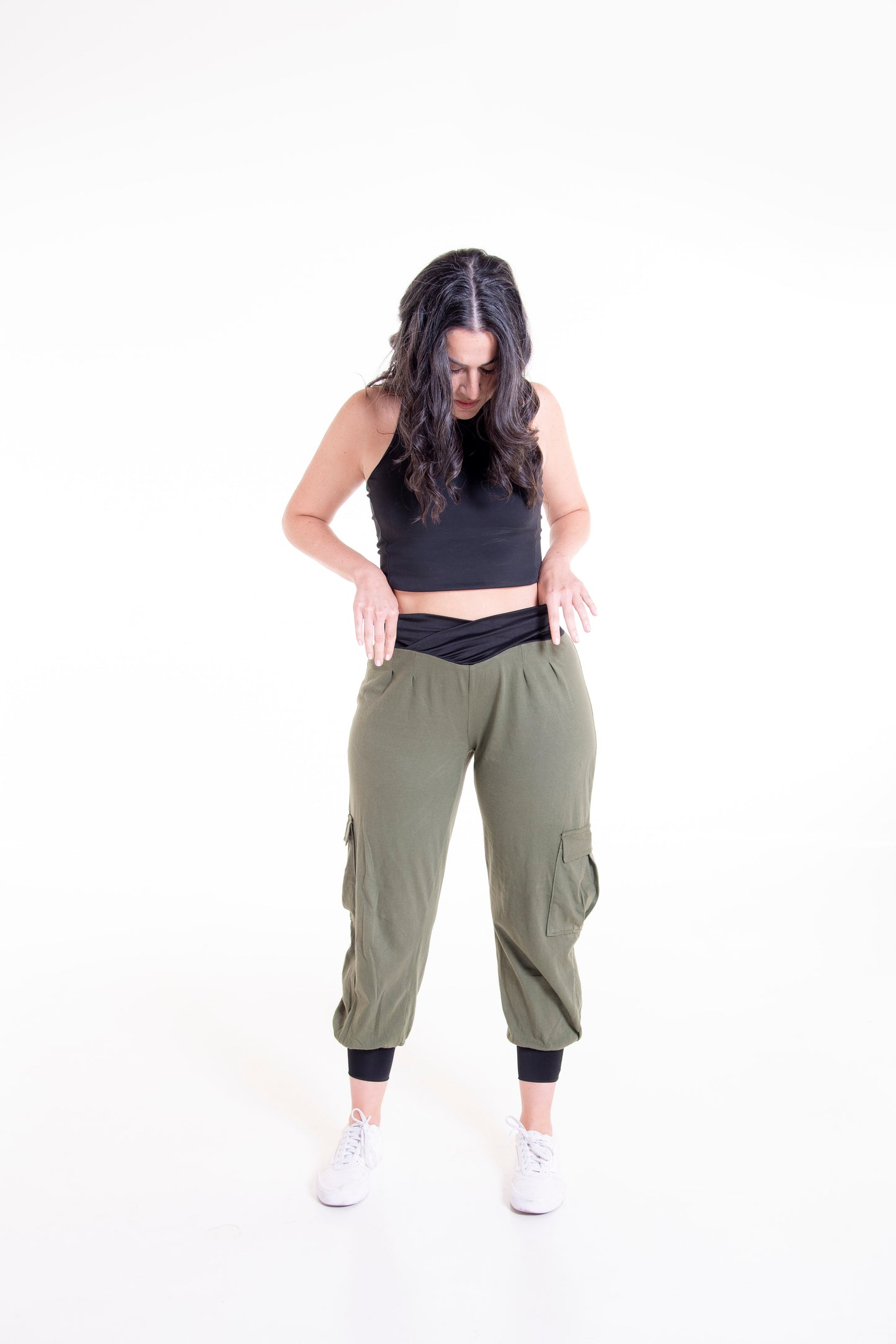 Full length view of olive green Flax cargo pants - versatile sewing pattern