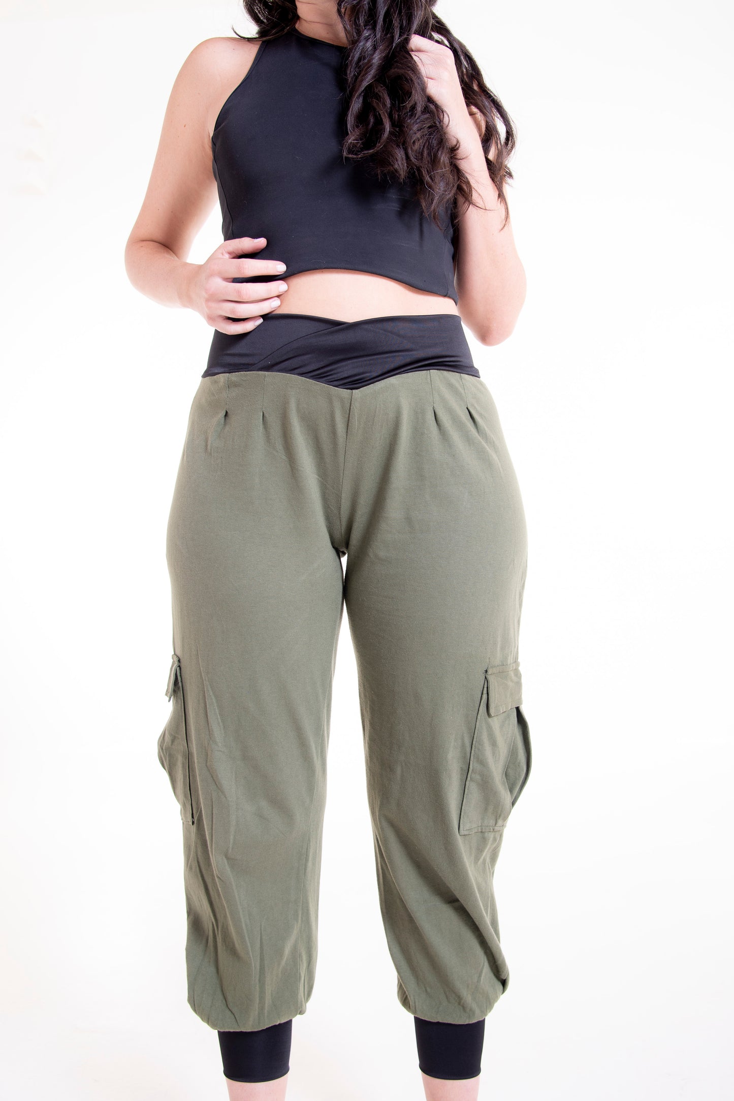 Olive green Flax cargo pants cross waistband detail - casual pants pattern
