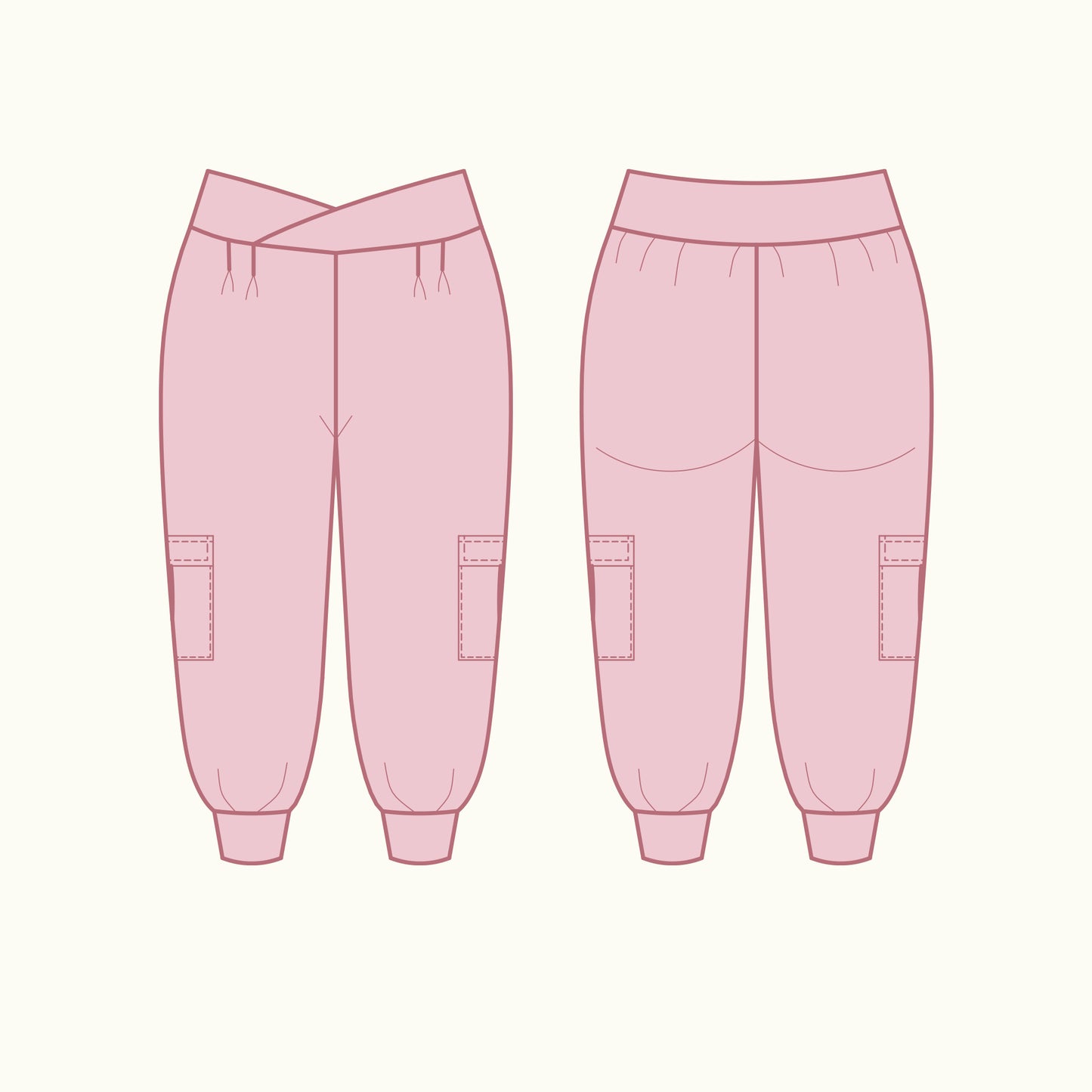Flax cargo pants technical illustration and flat sketches - front and back view