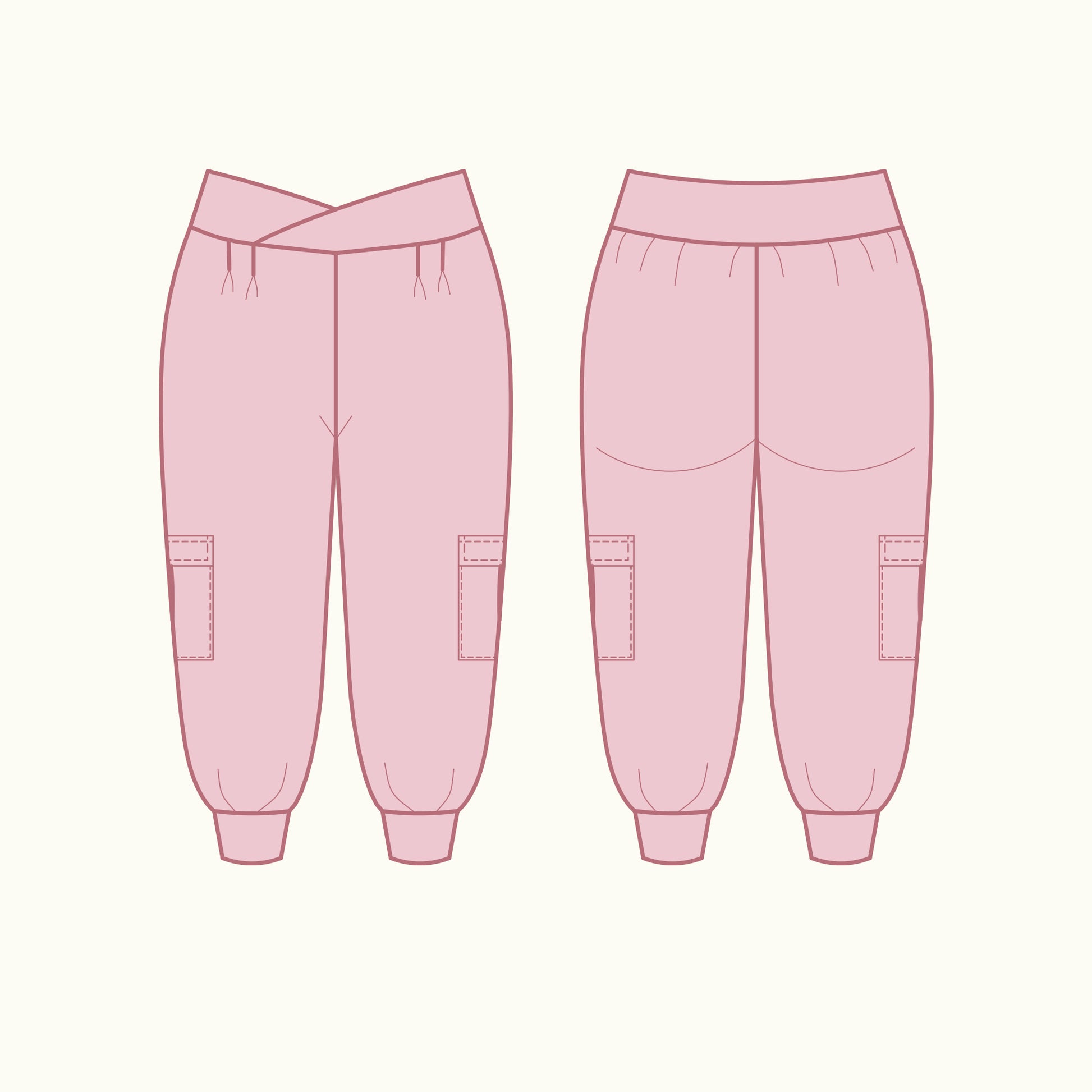 Flax cargo pants technical illustration and flat sketches - front and back view