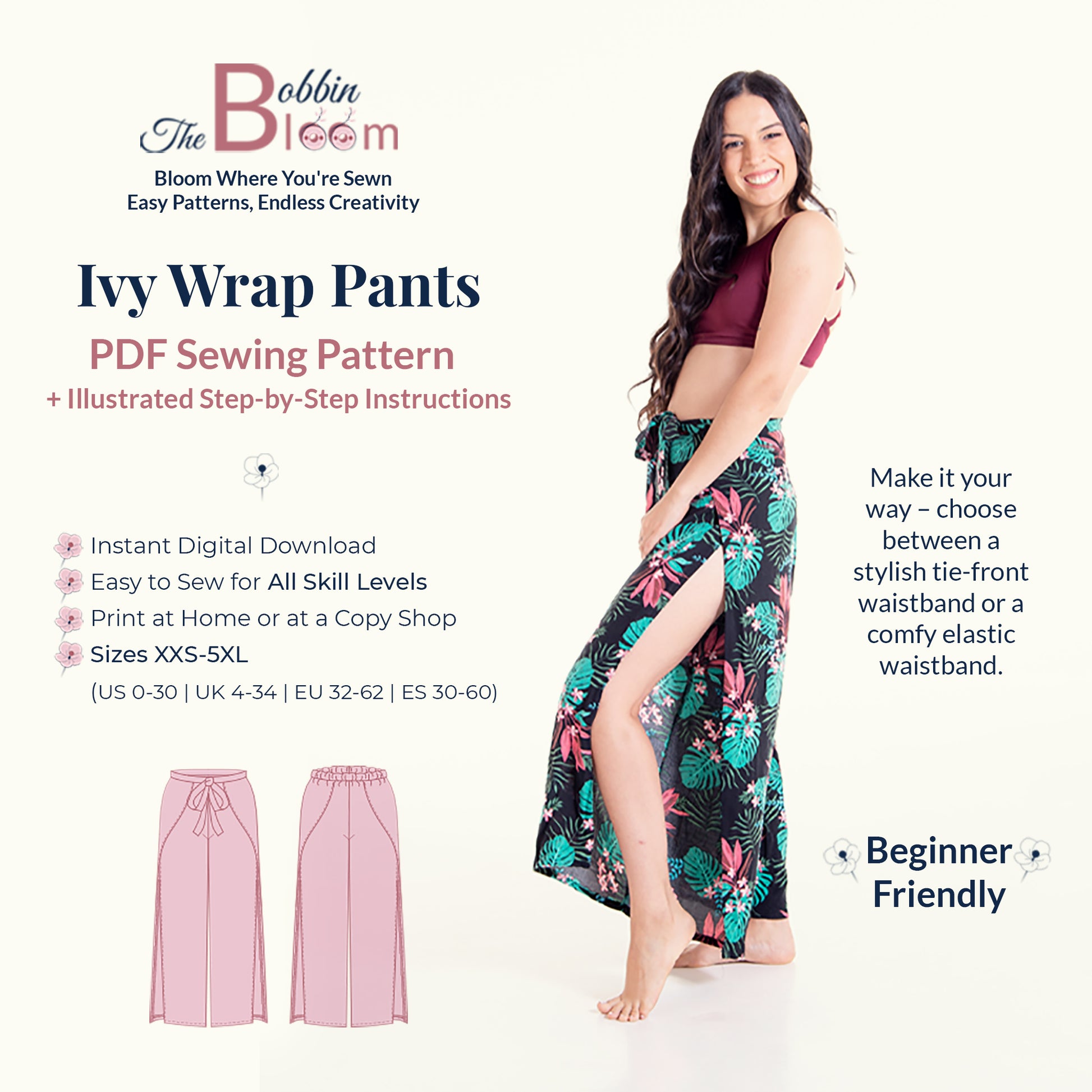 Ivy wrap pants sewing pattern details and information card