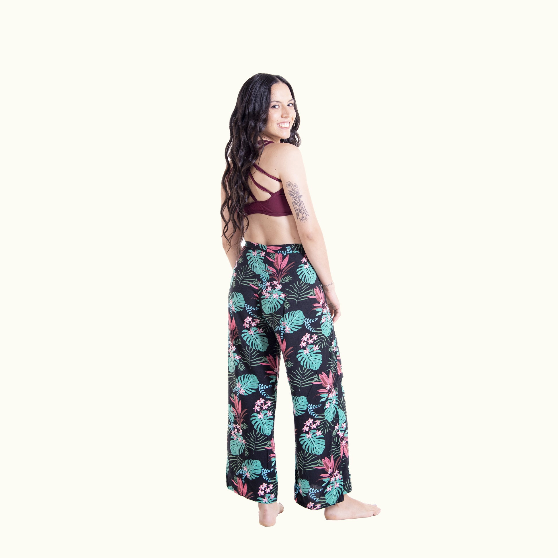 Back view of floral print Ivy wrap pants - full length styling