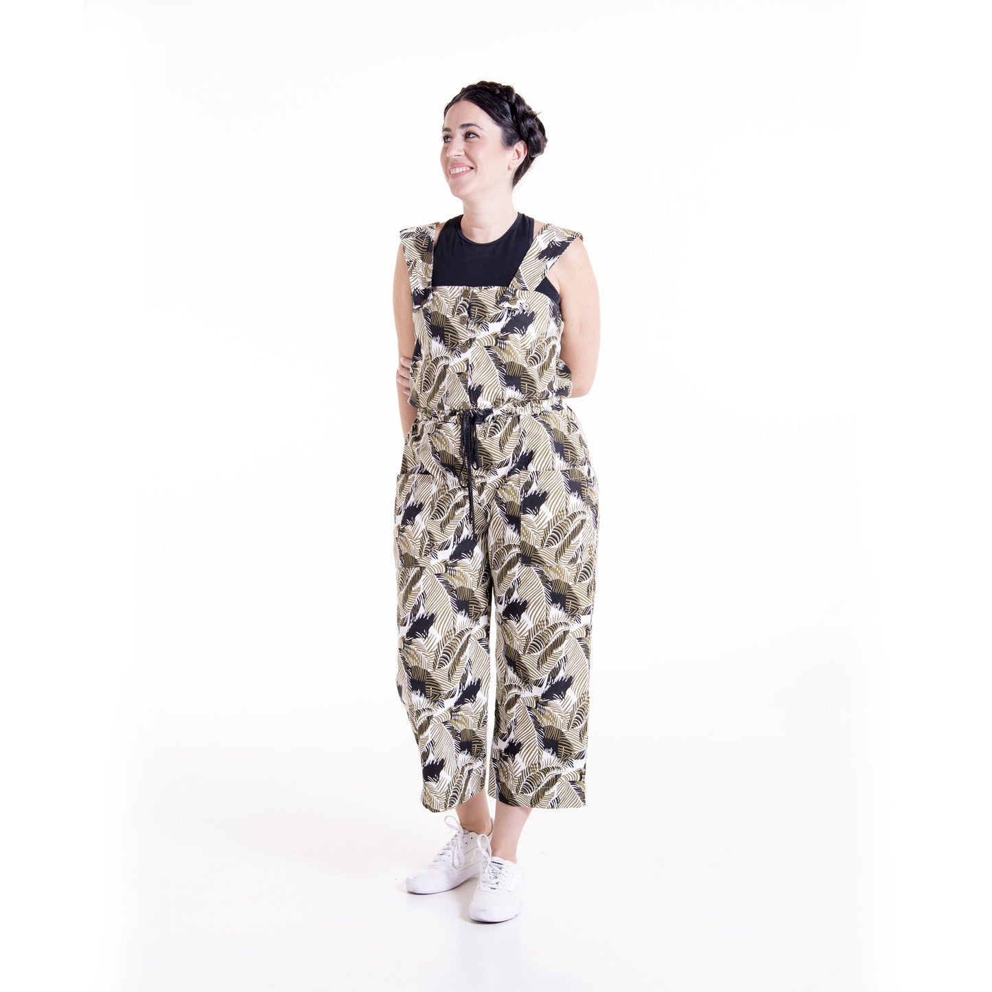 Woman wearing printed Juniper overall jumpsuit - sewing pattern by The Bobbin Bloom
