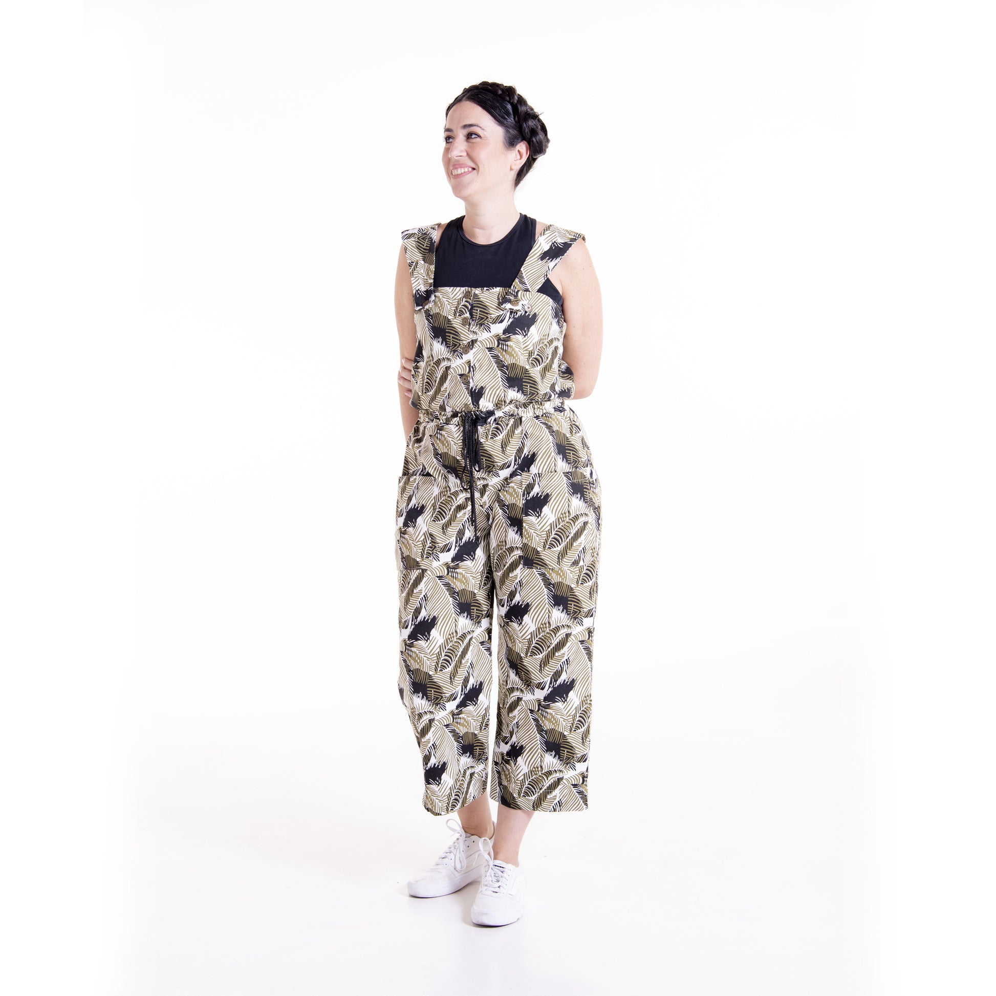Woman wearing printed Juniper overall jumpsuit - sewing pattern by The Bobbin Bloom
