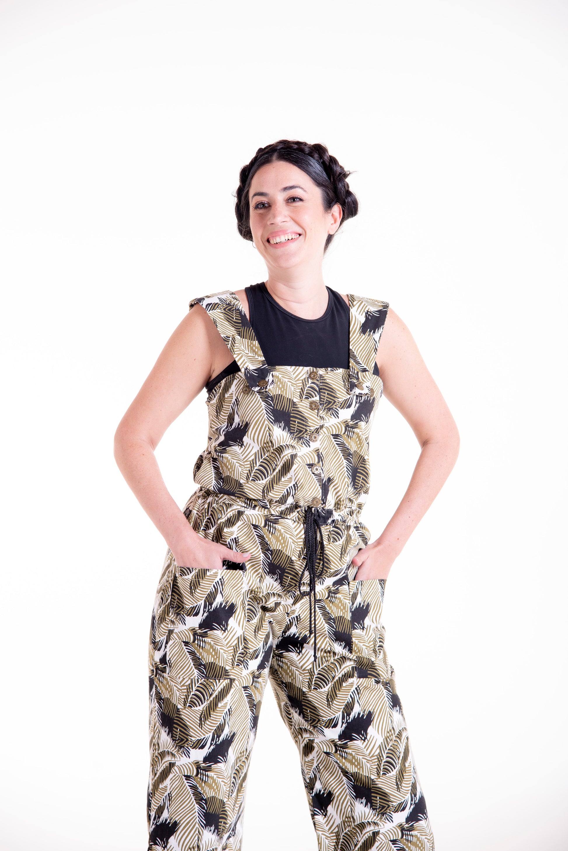 Printed Juniper overall showing front pocket details and fit