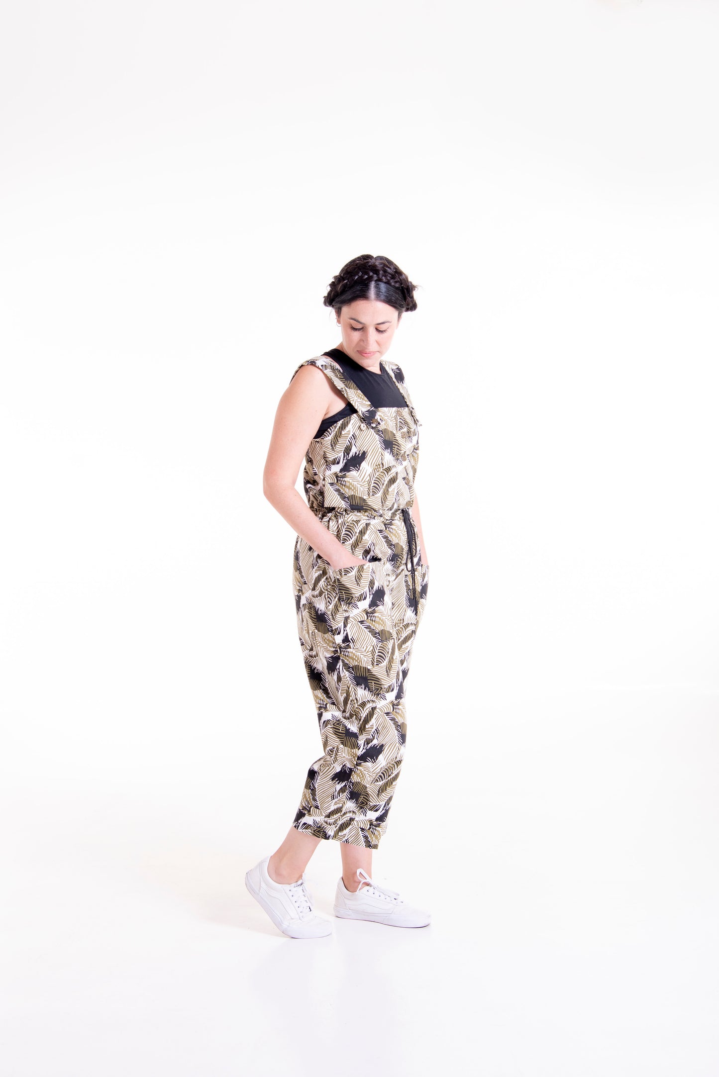 Side view of printed Juniper overall - full length styling