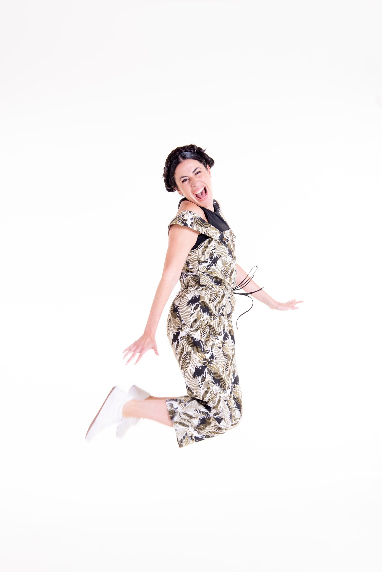 Printed Juniper overall front styled view - casual jumpsuit pattern