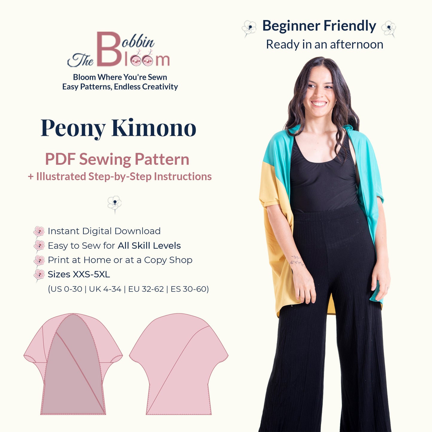Peony Kimono PDF Sewing Pattern – Beginner Friendly – Color Block Kimono – Sizes XXS to 5XL – The Bobbin Bloom