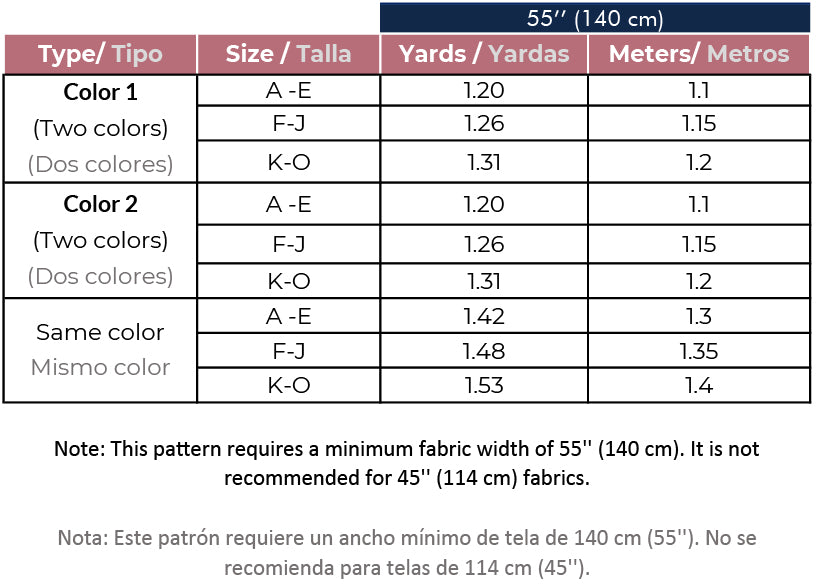 Peony Kimono Sewing Pattern – Fabric Requirements Chart – Two Colors – All Sizes XXS to 5XL – Yards and Meters